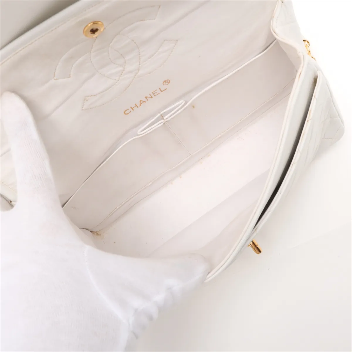 Matelassé Lambskin Double Flap Double Chain Bag, White with Gold Hardware, 0261916 (Serial Number 0-series), No Pull Strap — view 6
