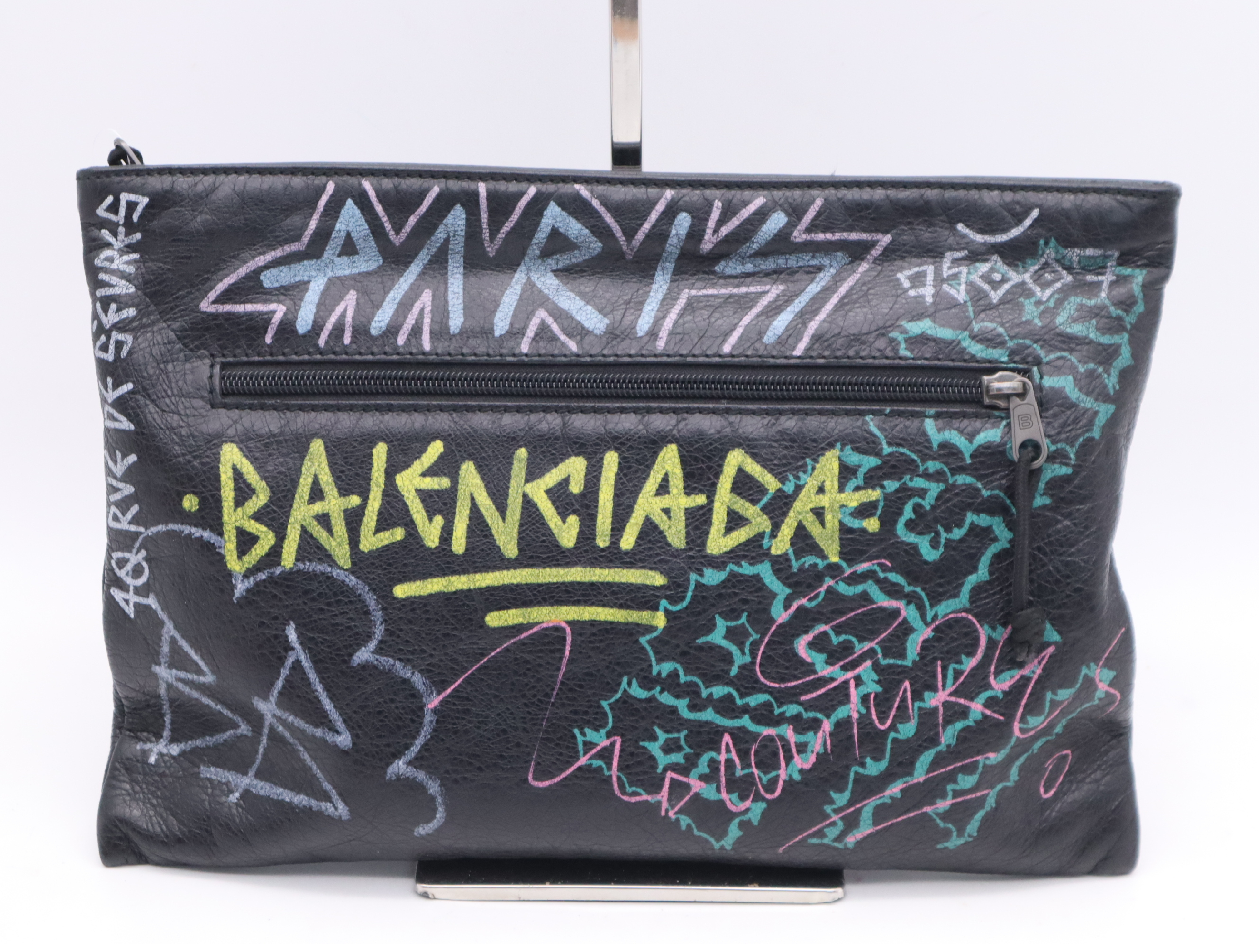 Leather Graffiti Clutch Bag, Black, Silver Hardware
