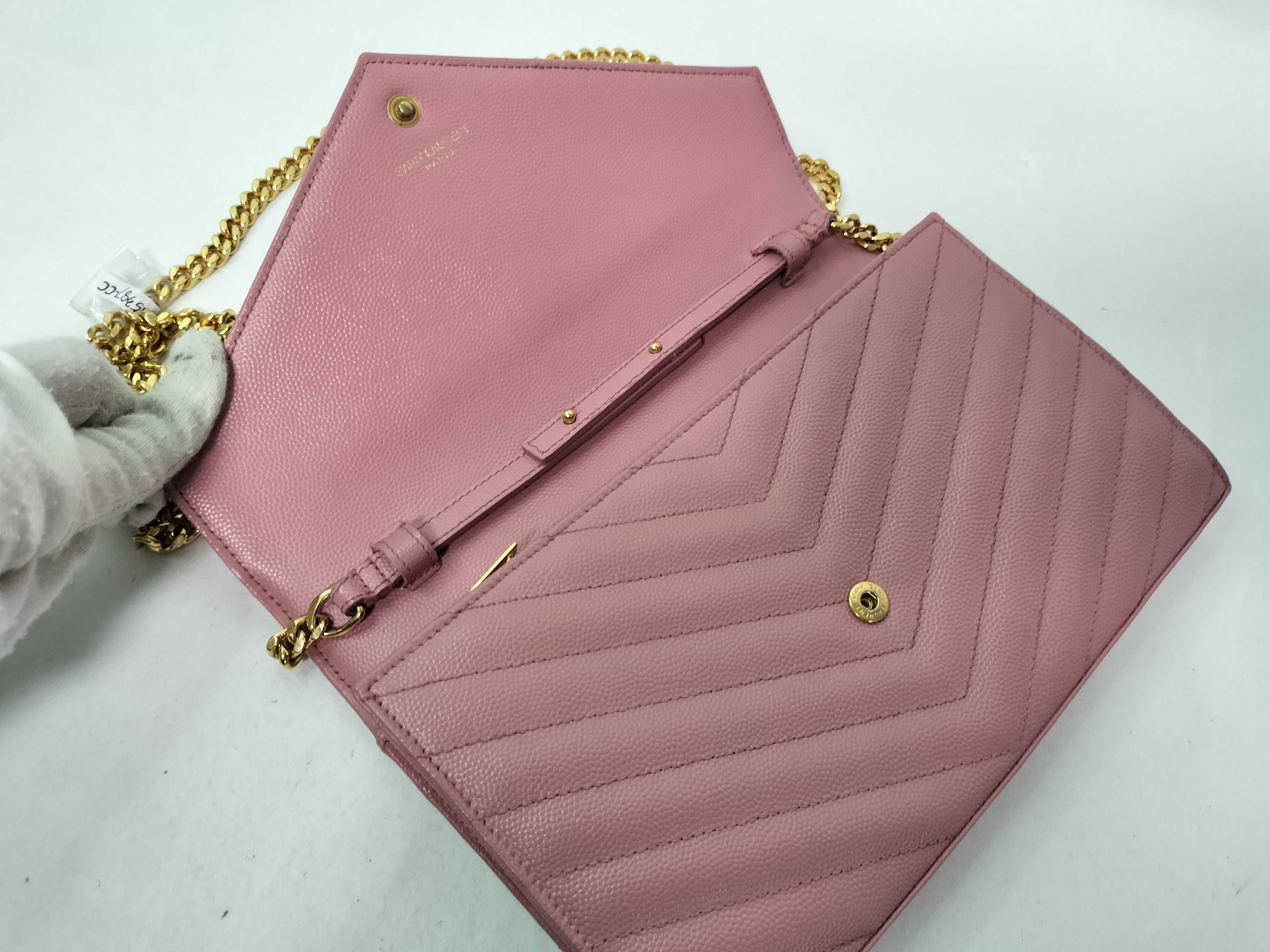 PH-YSL Cassandre Envelope Pink Leather Chain Wallet Clutch Bag — view 9