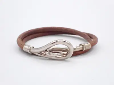 Jumbo Bracelet, Leather, Brown, Silver Hardware, Wrist Circumference Approx. 18cm
