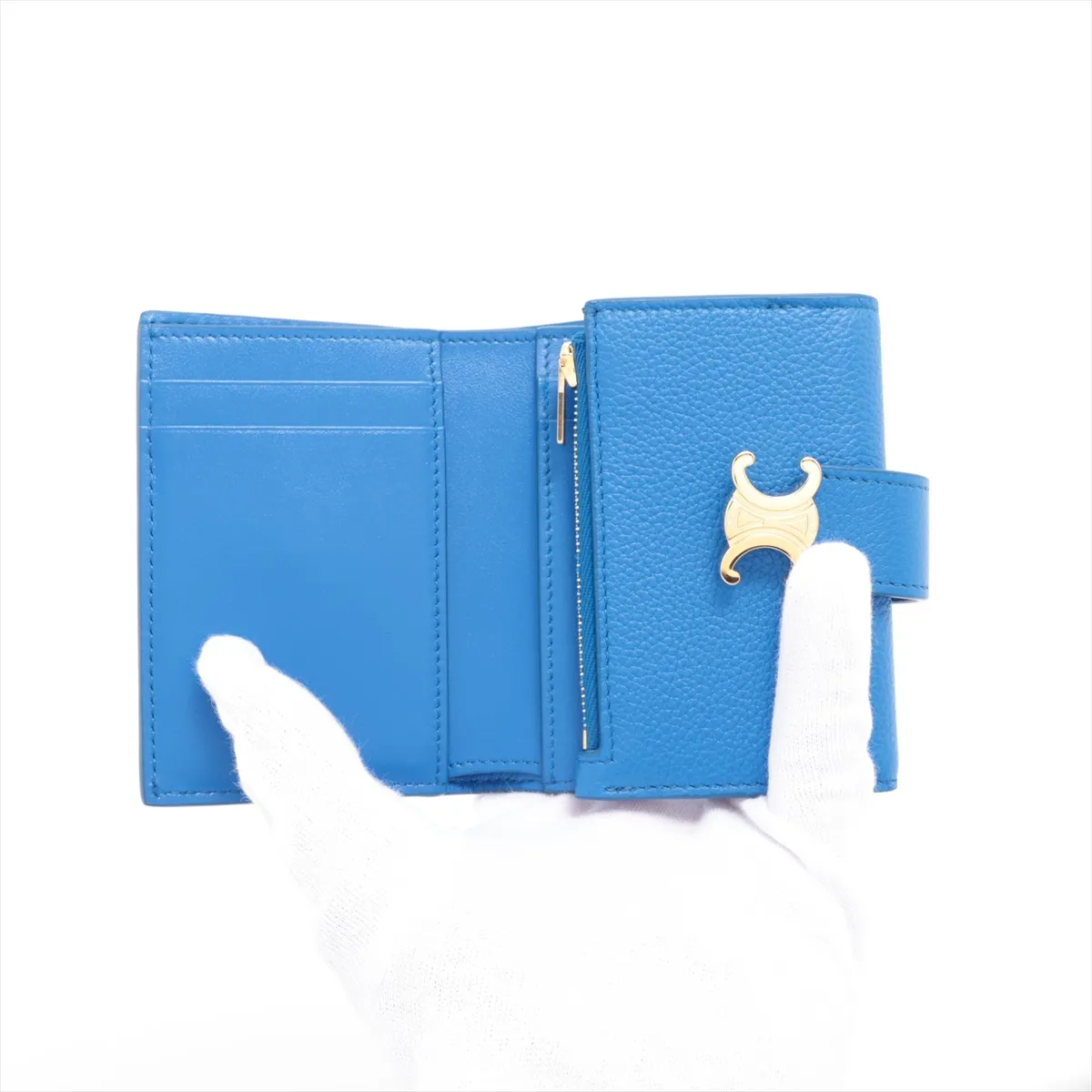 Triomphe Fine Strap Wallet Leather Compact Wallet Blue — view 3