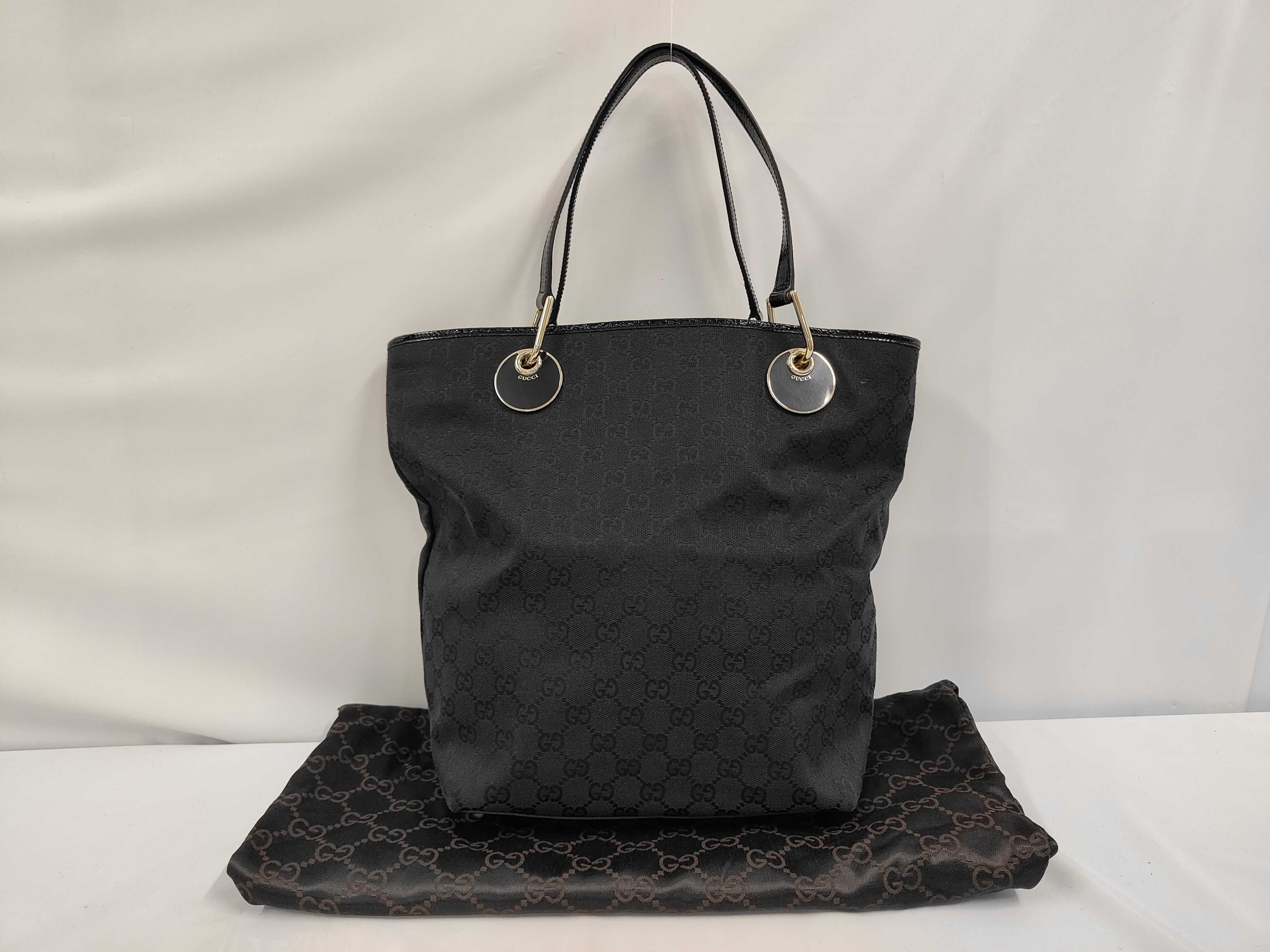 120836 Canvas x Leather GG Canvas Tote Bag Black Gold Hardware with Dust Bag