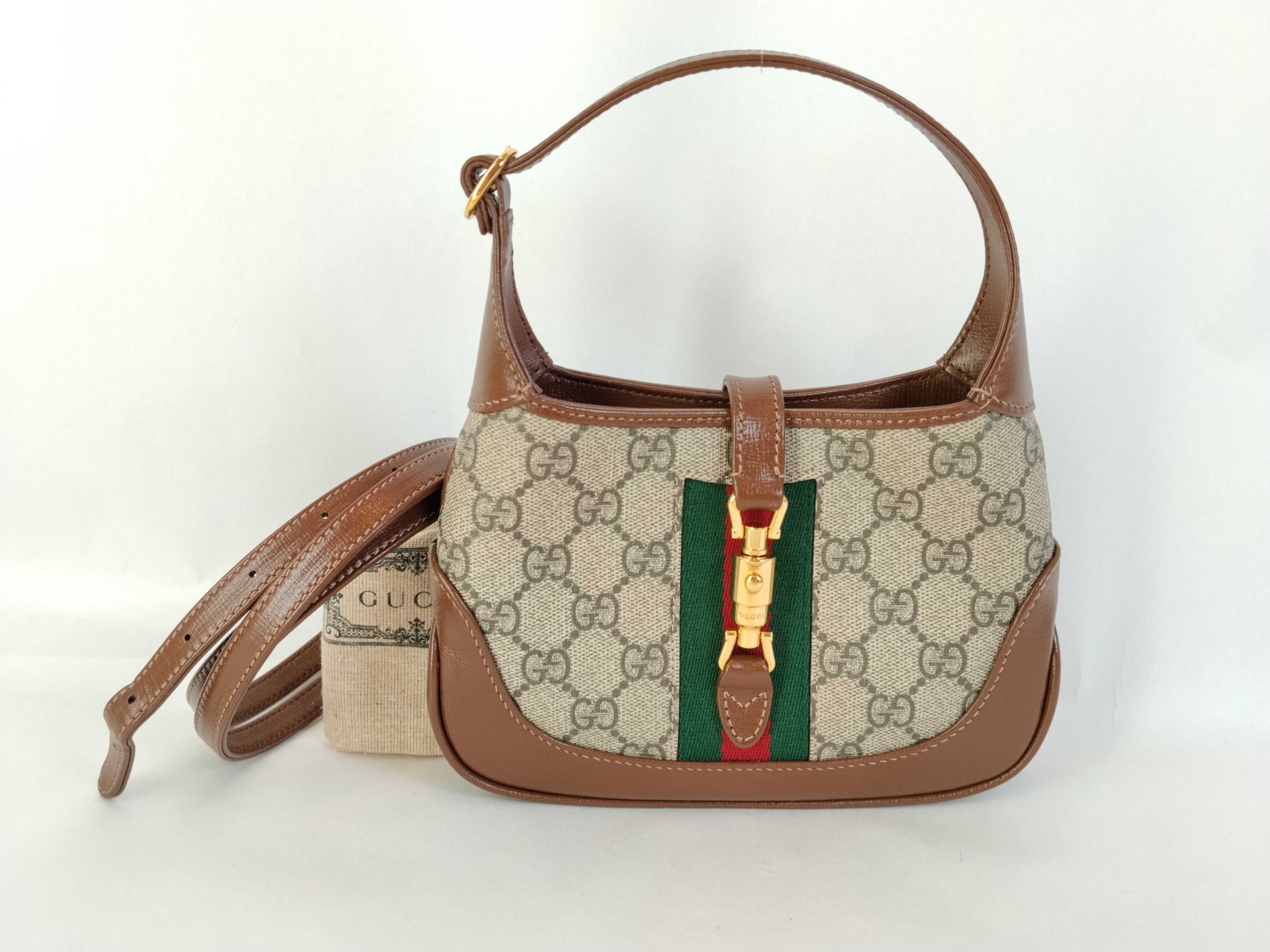 Jackie 1961 Gold Lock Hardware GG All-Over Print Detachable Extension Shoulder Canvas x Leather Underarm Bag Shoulder Bag Handbag
