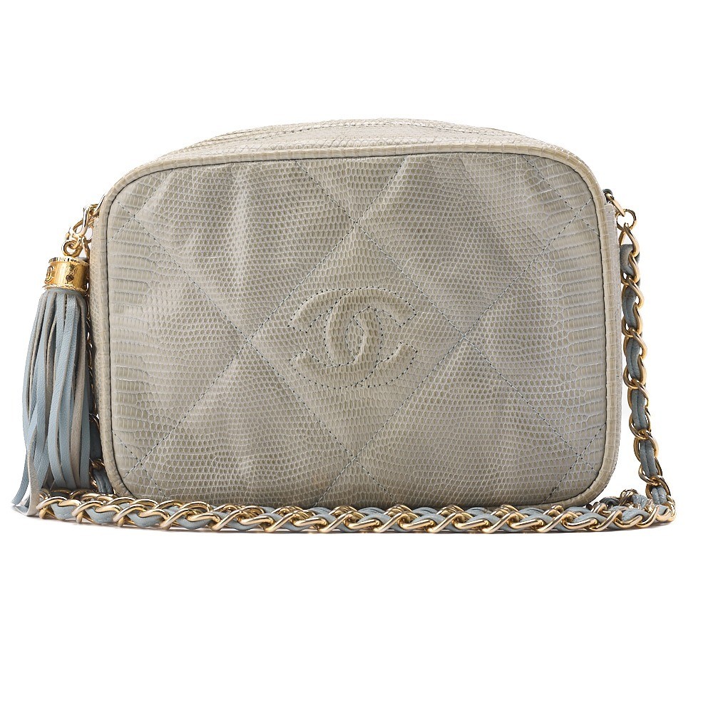 Lizard leather, Coco Mark, fringe, chain shoulder bag, blue, gold hardware, serial number 0. — view 2