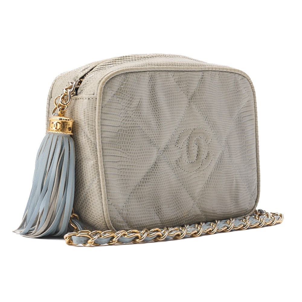 Lizard leather, Coco Mark, fringe, chain shoulder bag, blue, gold hardware, serial number 0. — view 3