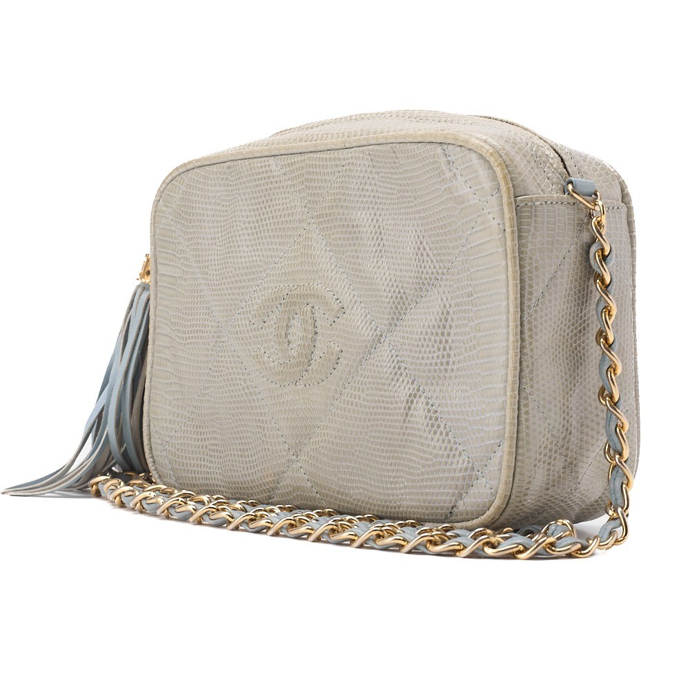 Lizard leather, Coco Mark, fringe, chain shoulder bag, blue, gold hardware, serial number 0. — view 4