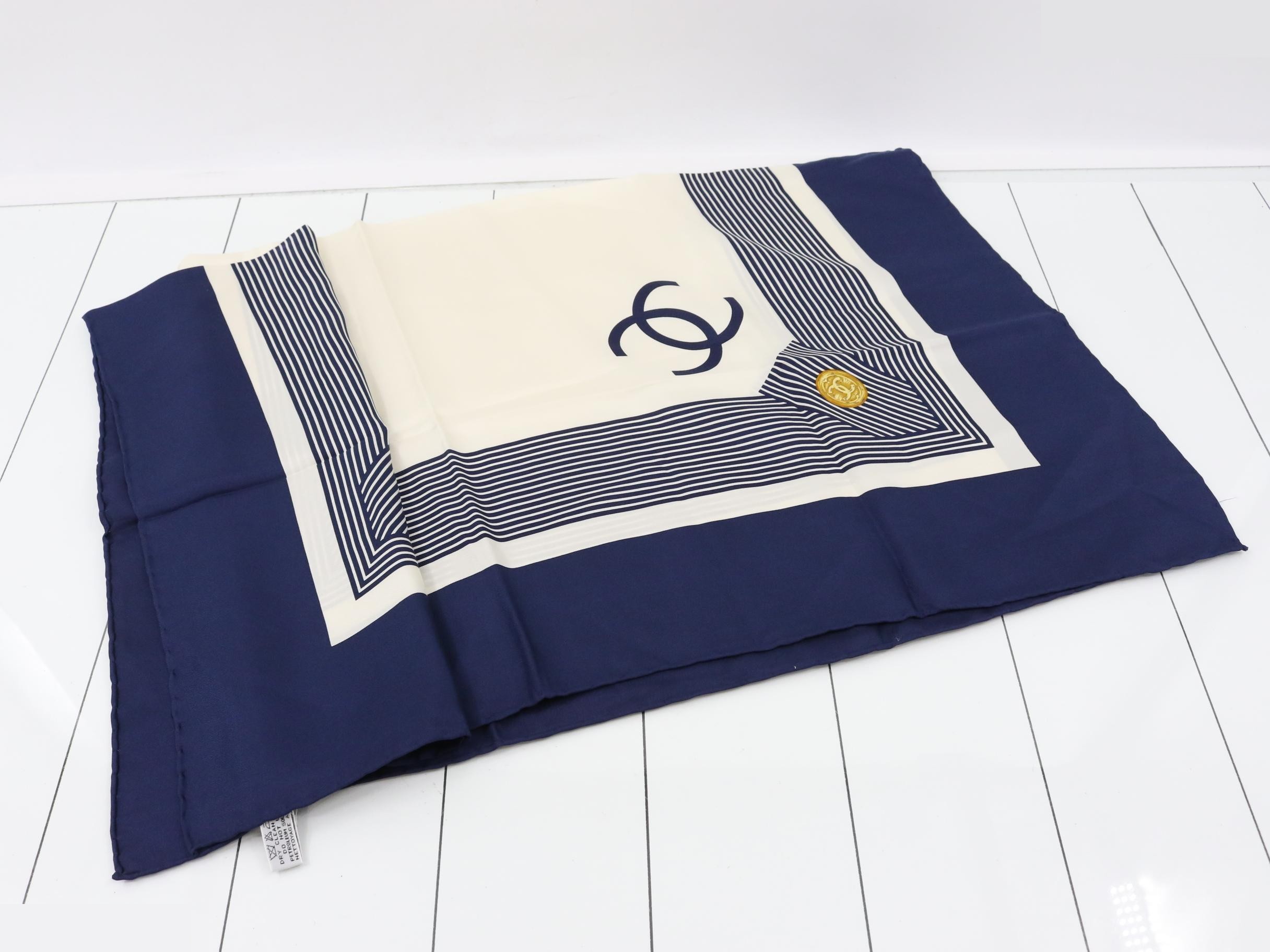 Coco Mark Scarf, Navy and White, Silk — view 3