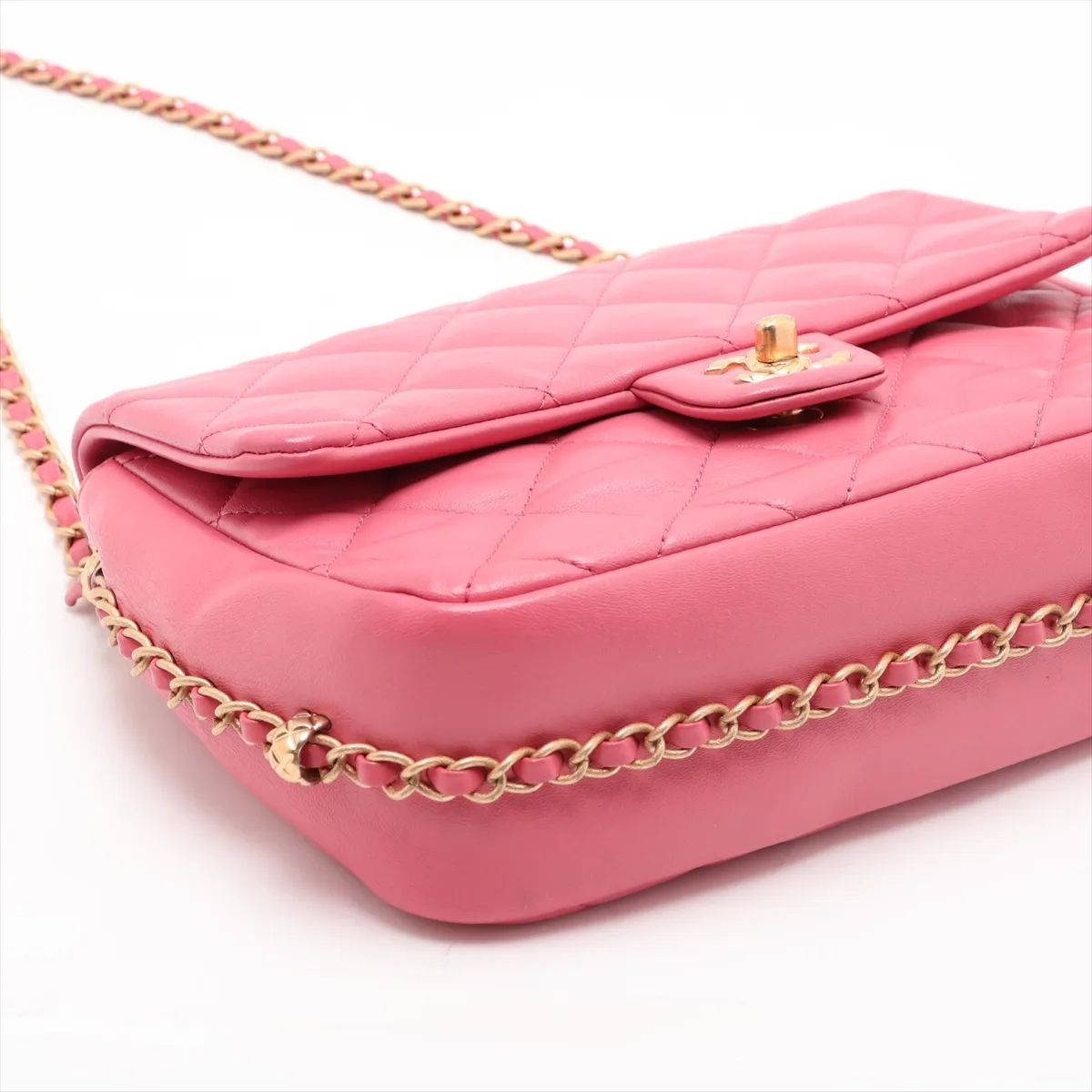 Matelassé Lambskin Chain Shoulder Bag, Pink with Gold Hardware, LCHPHHCG, Random Plate — view 4