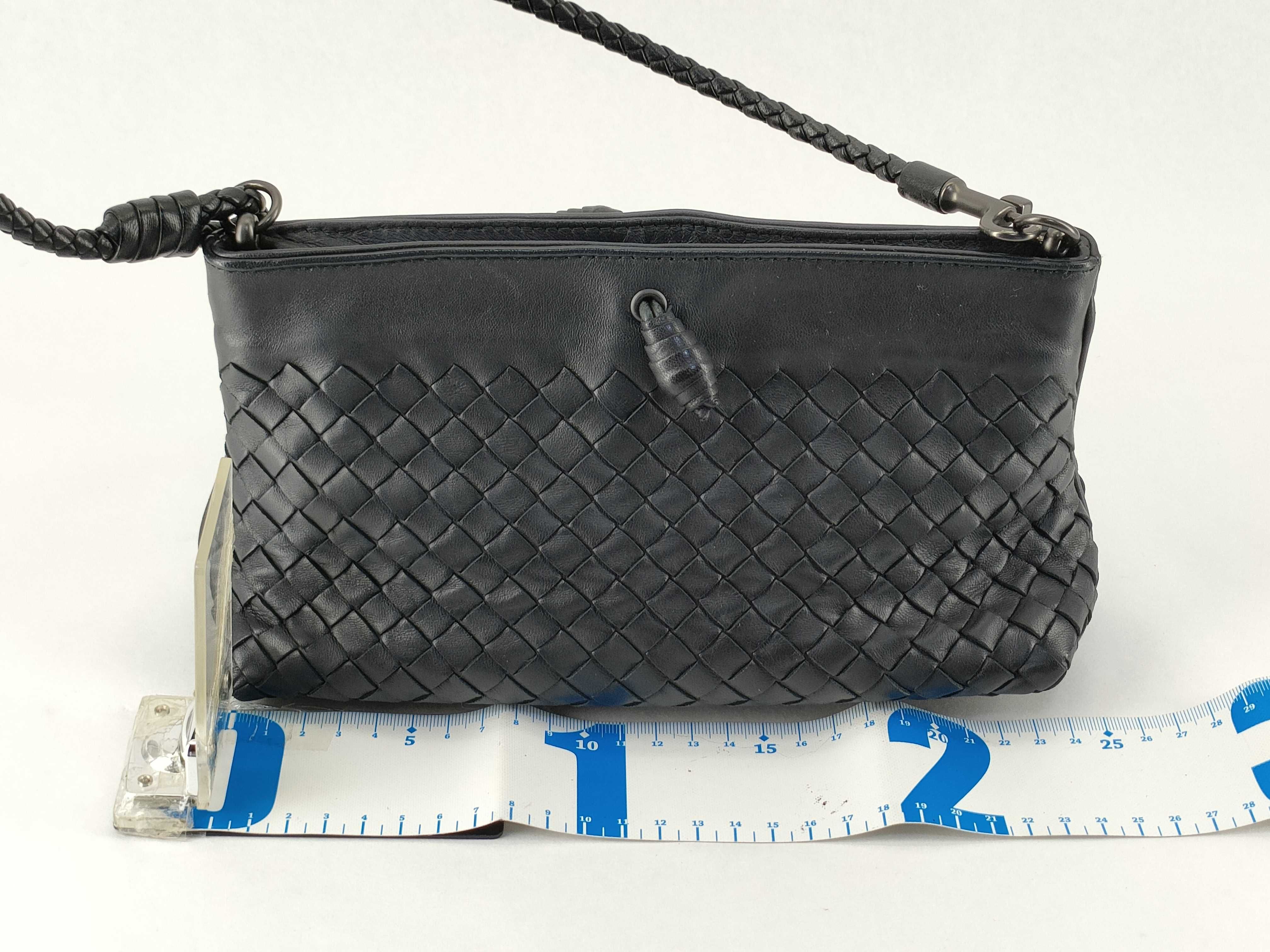 Intrecciato Leather Handbag, Black Shoulder Bag (Stored Item, Excellent Condition) — view 2