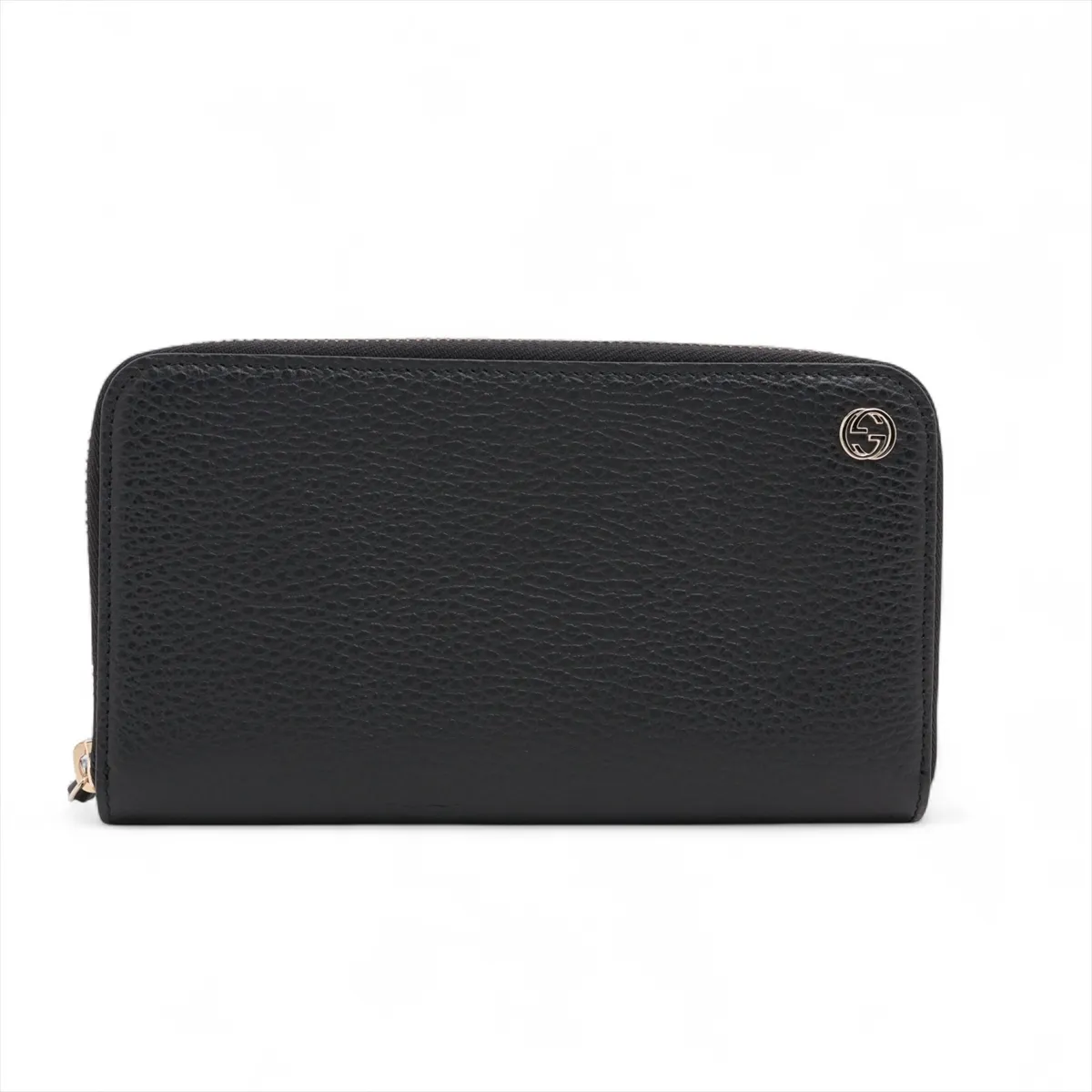 Interlocking G 449347 Leather Round Zip Wallet, Black, with G stamp.