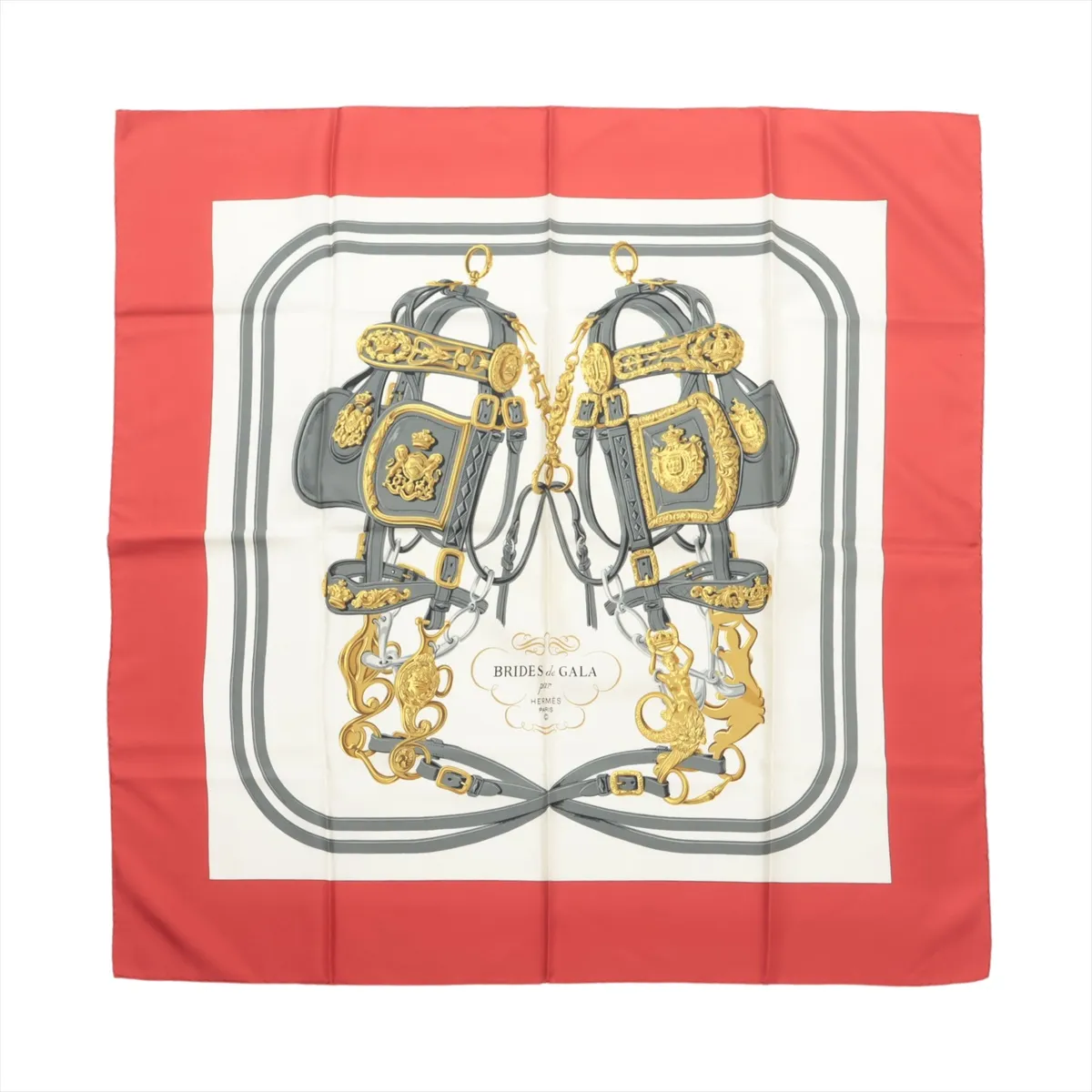Carre 90 BRIDES de GALA (ceremonial horse bridle) scarf, silk, red. Shows signs of wear,