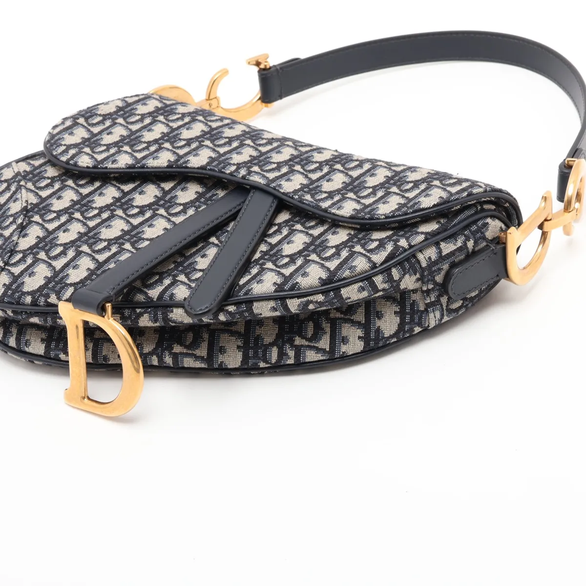 Oblique Saddle Bag, Canvas x Leather, 2-Way Handbag, Navy — view 3