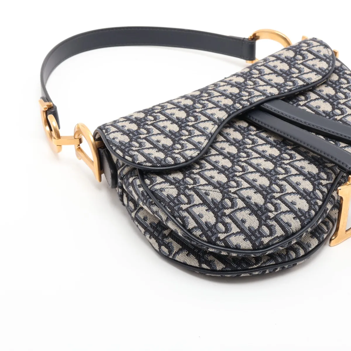 Oblique Saddle Bag, Canvas x Leather, 2-Way Handbag, Navy — view 4