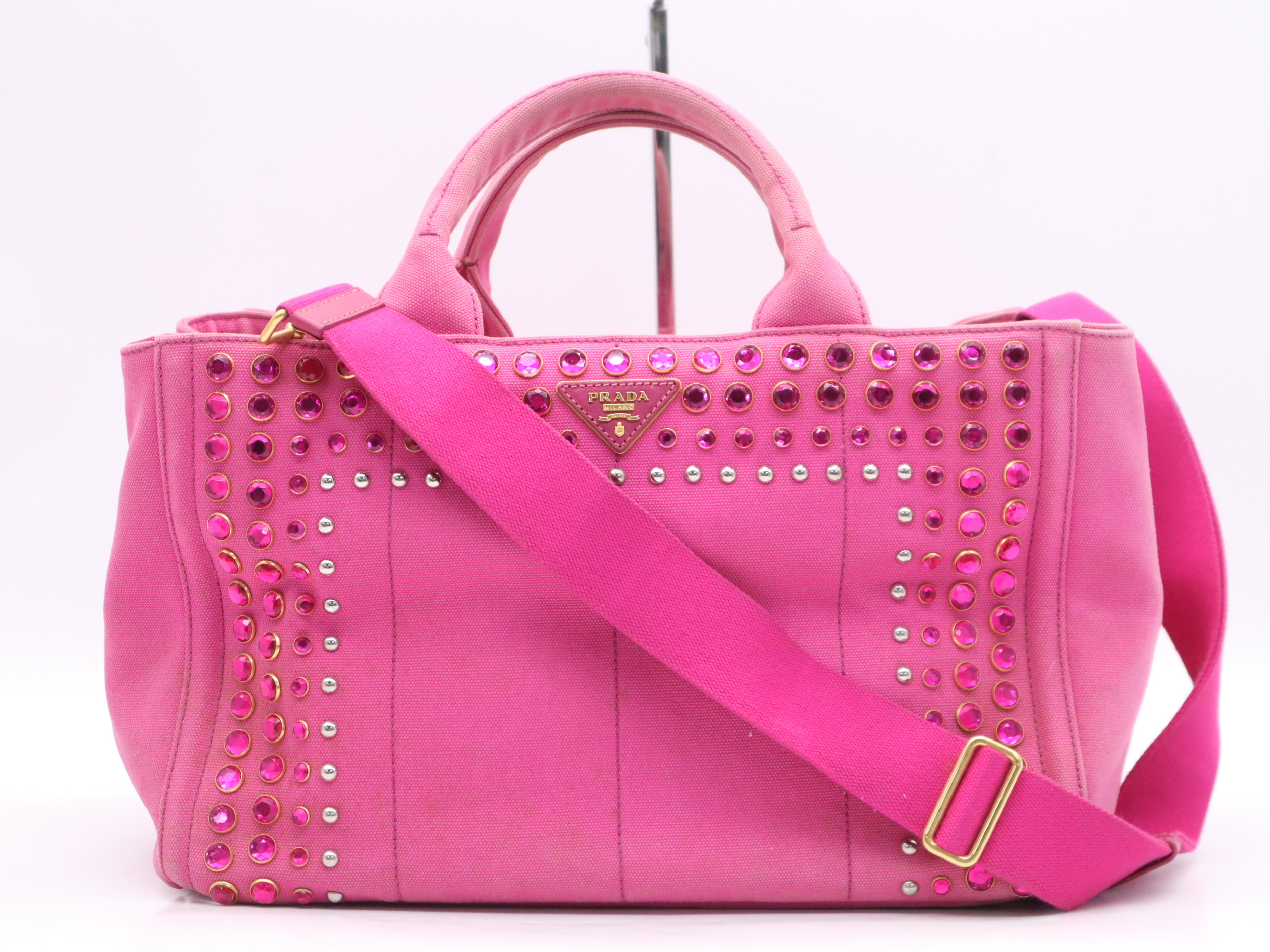 Denim Canapa Bijou Studded 2-Way Tote Bag, Pink, Gold Hardware, with Shoulder Strap, Handbag