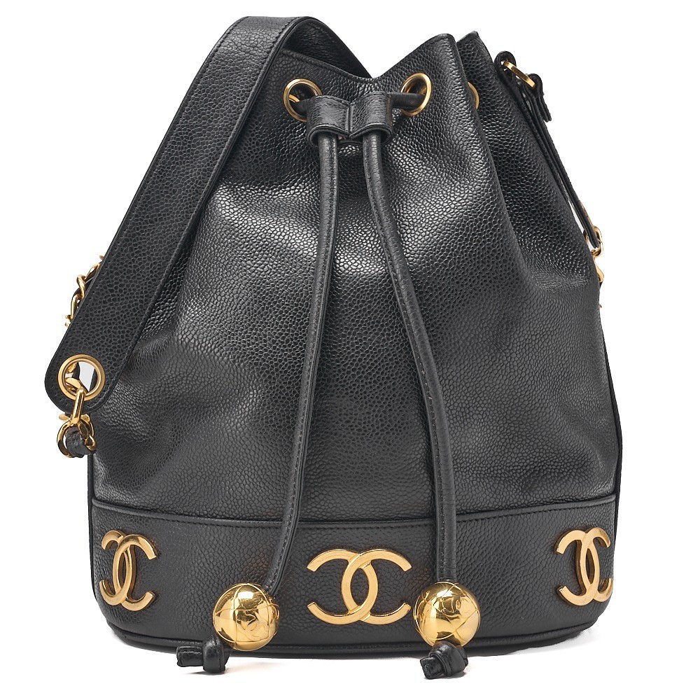 Caviar Skin Triple Coco Ball Charm Drawstring Chain Shoulder Bag