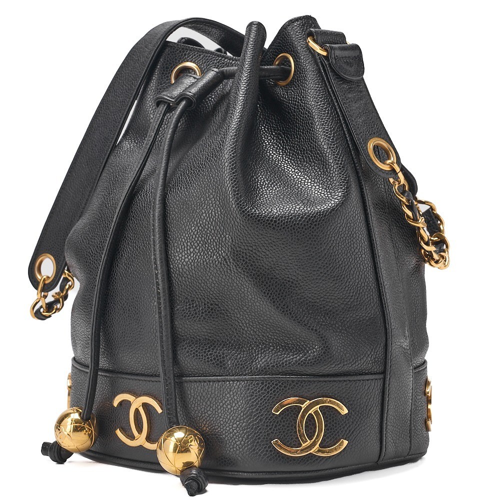 Caviar Skin Triple Coco Ball Charm Drawstring Chain Shoulder Bag — view 3