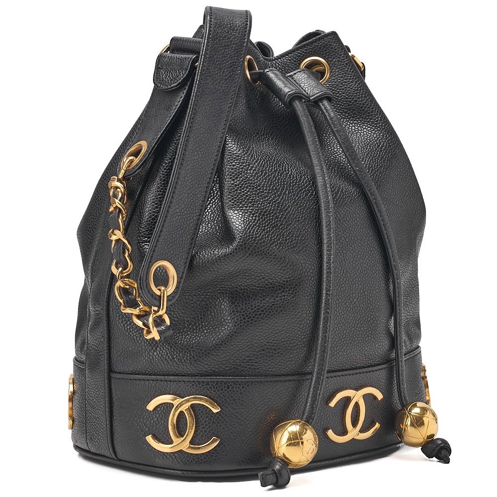 Caviar Skin Triple Coco Ball Charm Drawstring Chain Shoulder Bag — view 4
