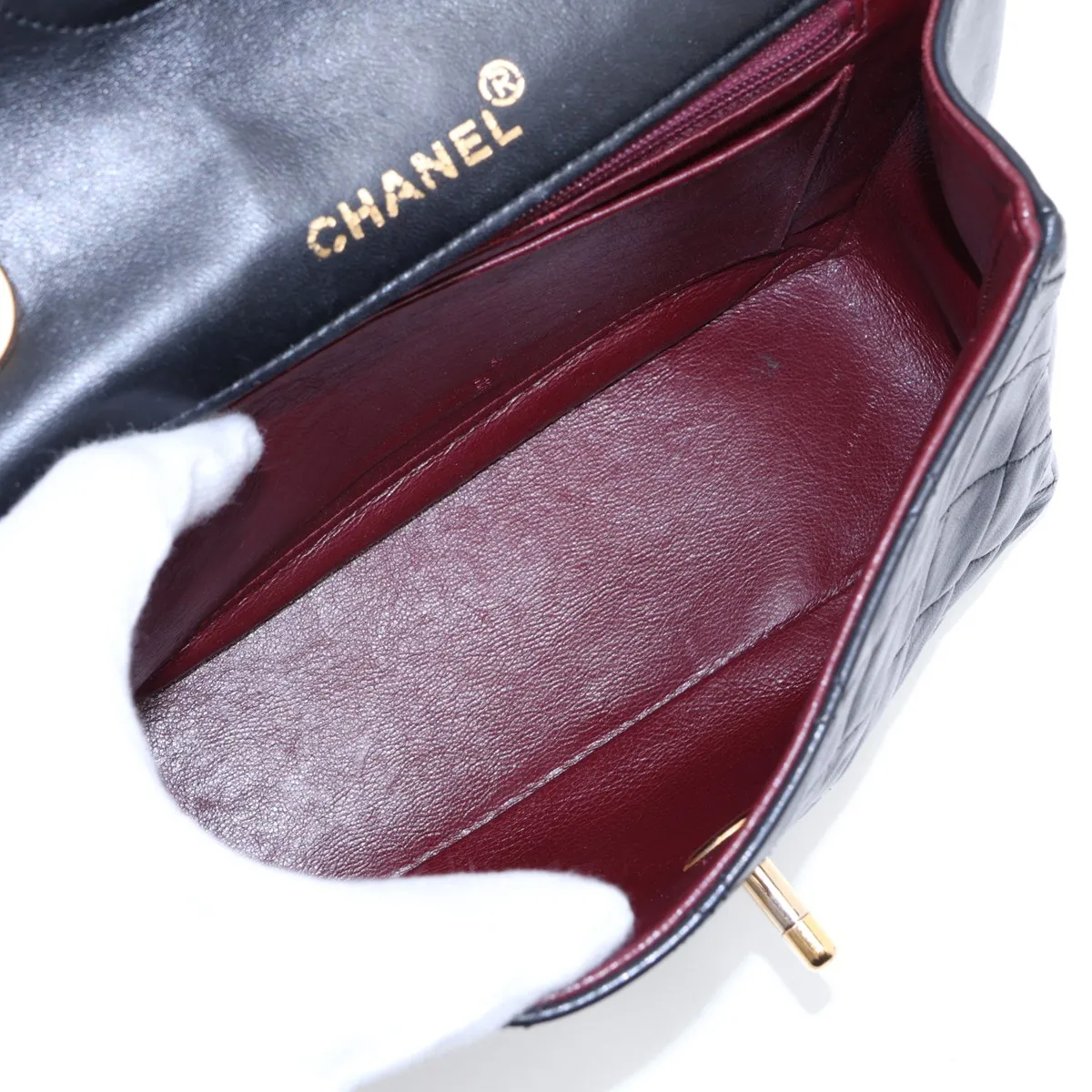 Matelassé Lambskin Handbag, Black with Gold Hardware — view 7