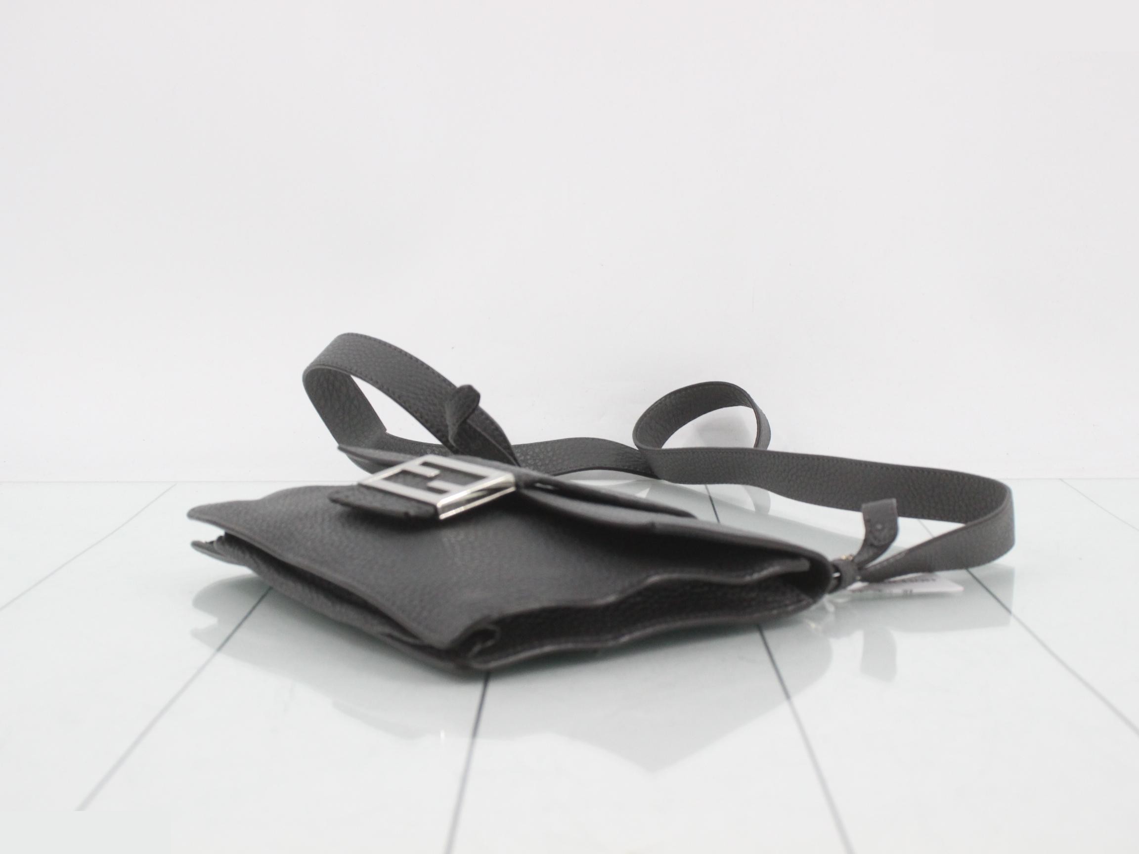 Leather Selleria Flat Bucket Shoulder Bag, Gray — view 6