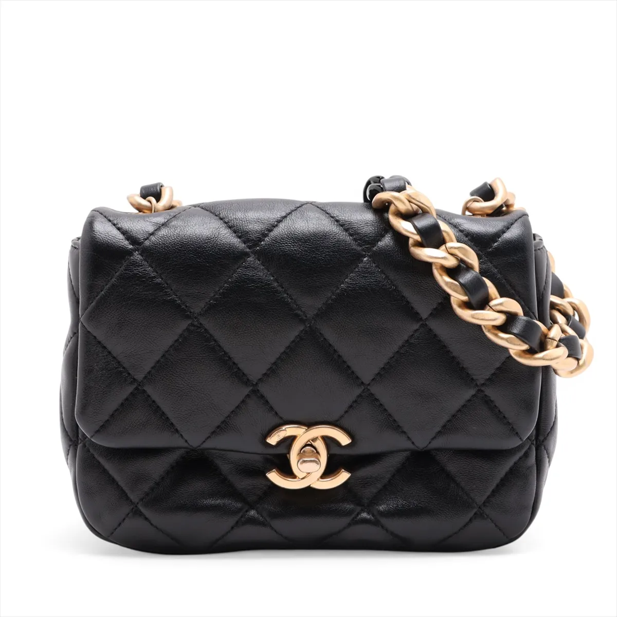Matelassé Lambskin Single Flap Single Chain Bag, Black with Gold and Black Hardware, HAX7E0KH, Random Plate