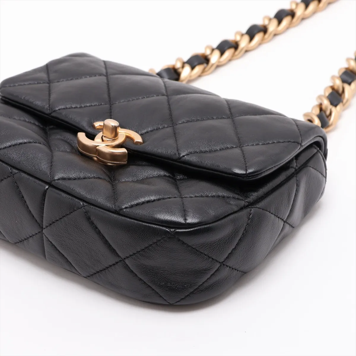 Matelassé Lambskin Single Flap Single Chain Bag, Black with Gold and Black Hardware, HAX7E0KH, Random Plate — view 3