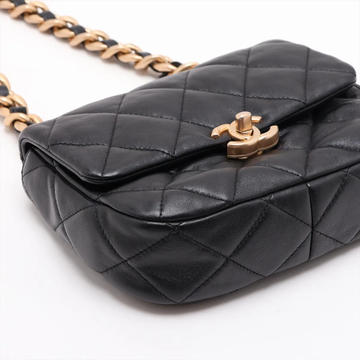 Matelassé Lambskin Single Flap Single Chain Bag, Black with Gold and Black Hardware, HAX7E0KH, Random Plate — view 4