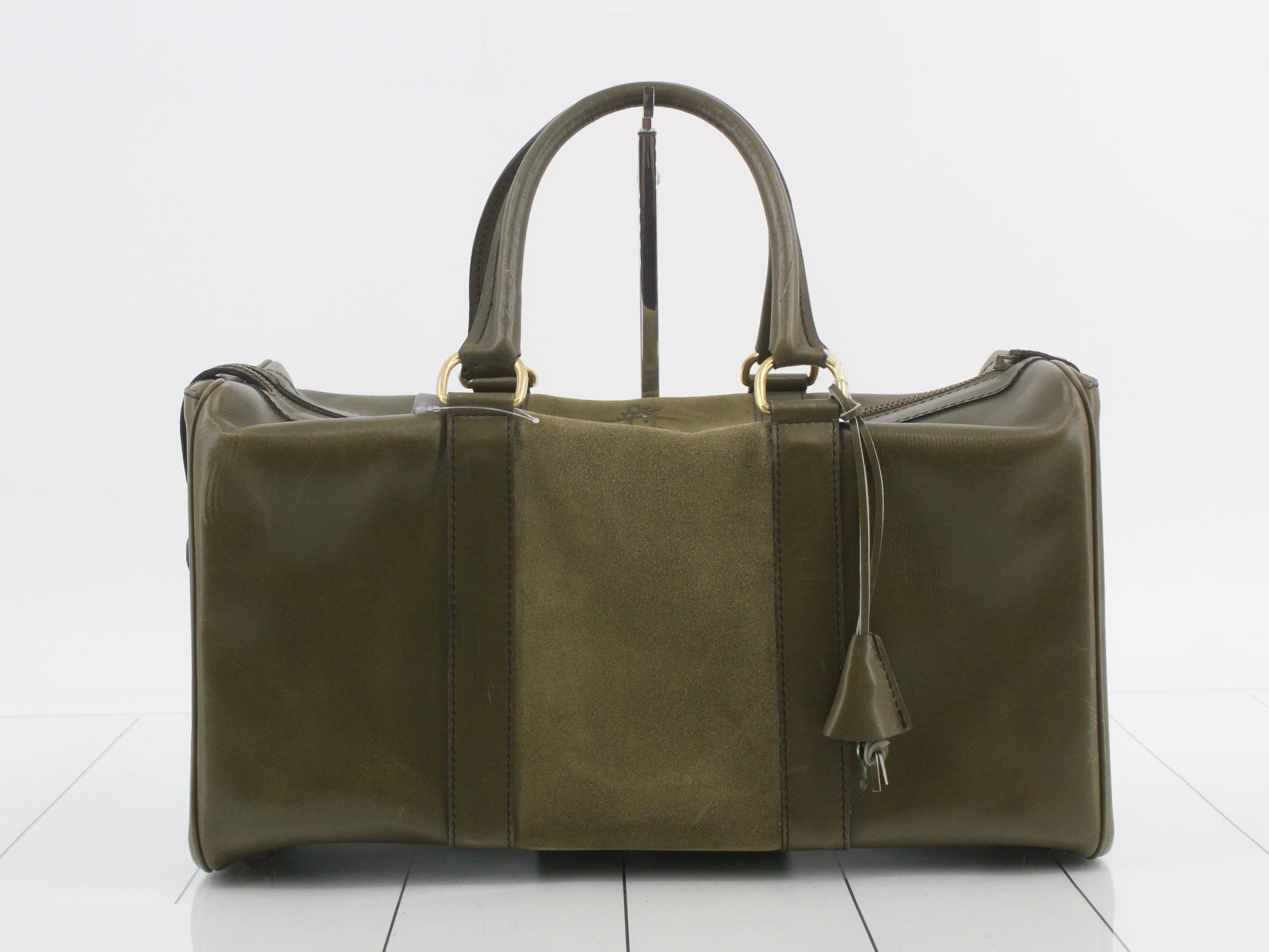 Leather suede square Boston bag khaki style — view 2
