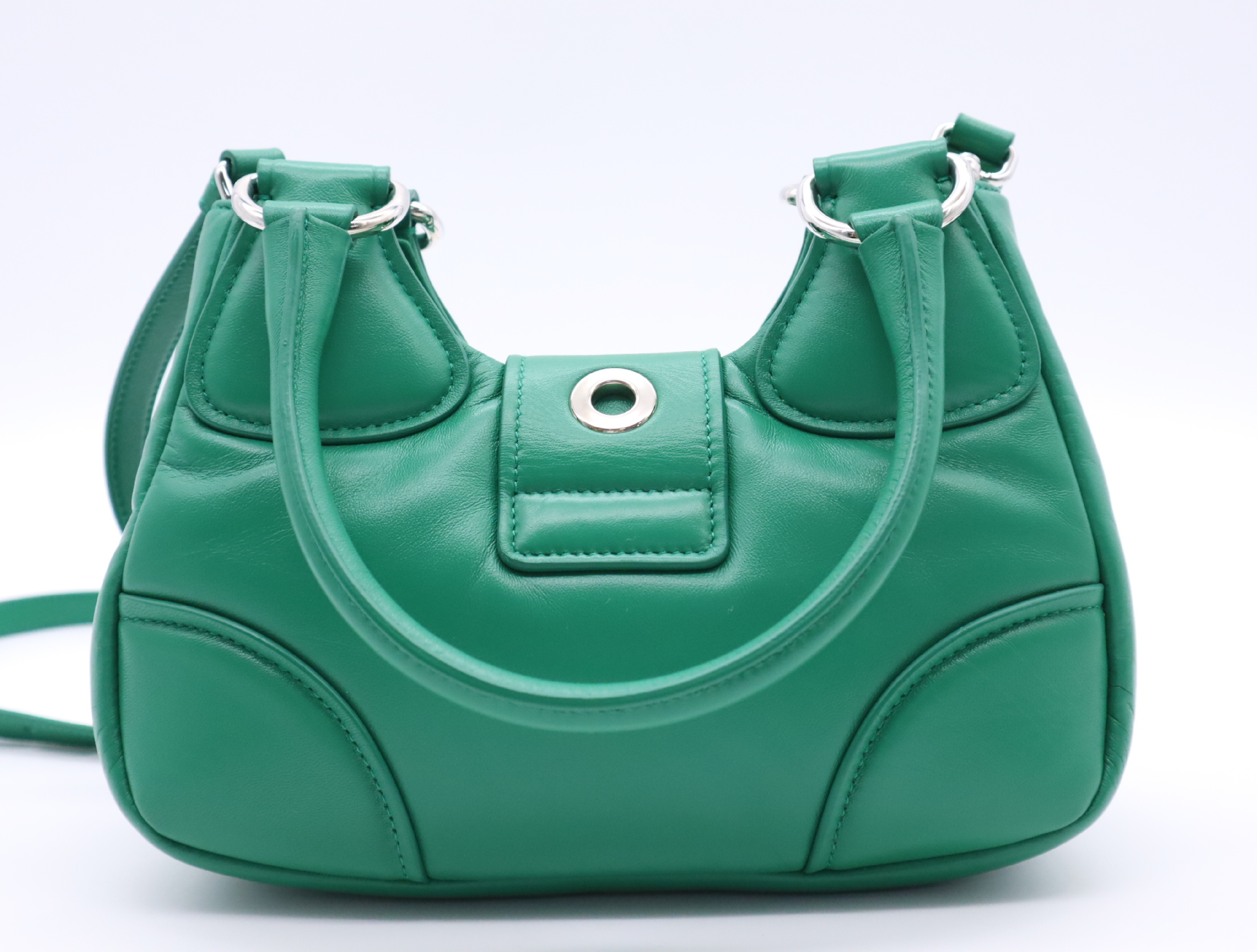 1BA381 Leather Padded Nappa Moon Handbag, Green, with Shoulder Strap, Clochette, and Dust Bag. — view 2
