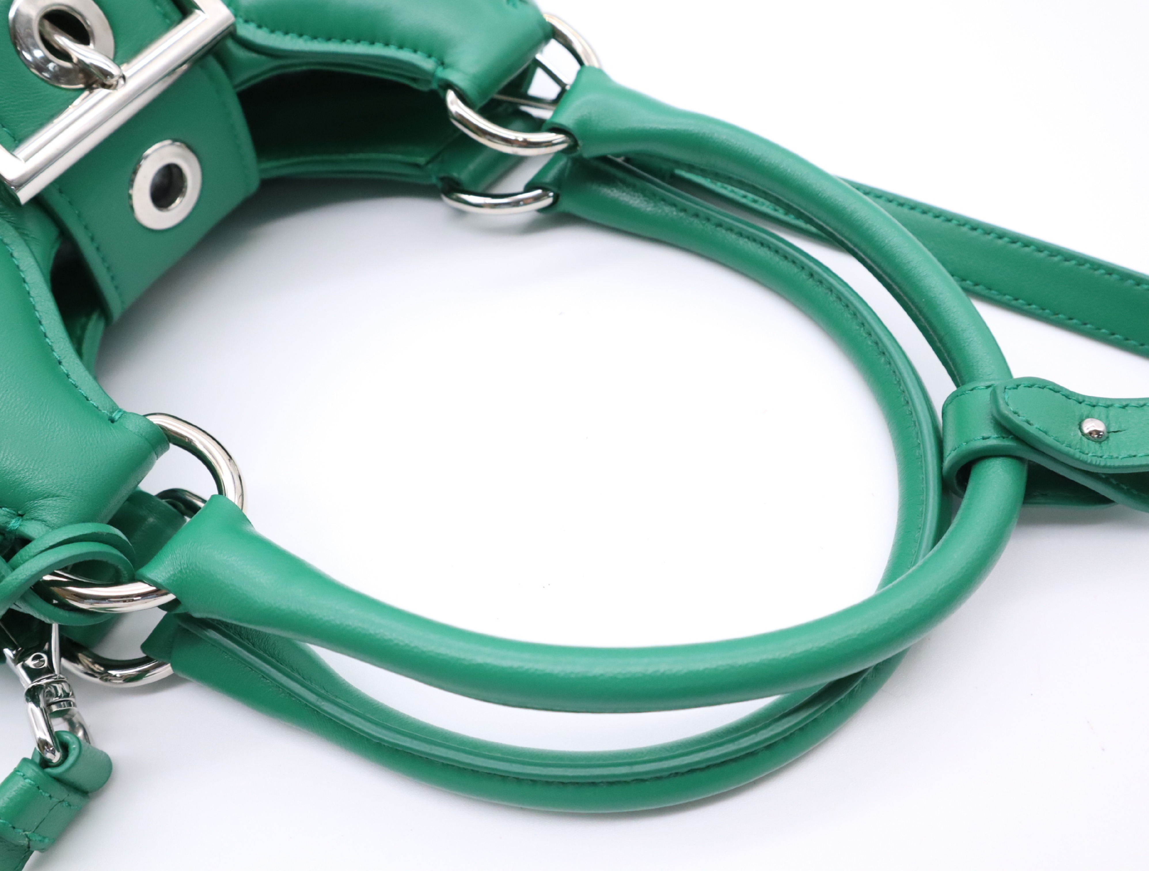 1BA381 Leather Padded Nappa Moon Handbag, Green, with Shoulder Strap, Clochette, and Dust Bag. — view 11