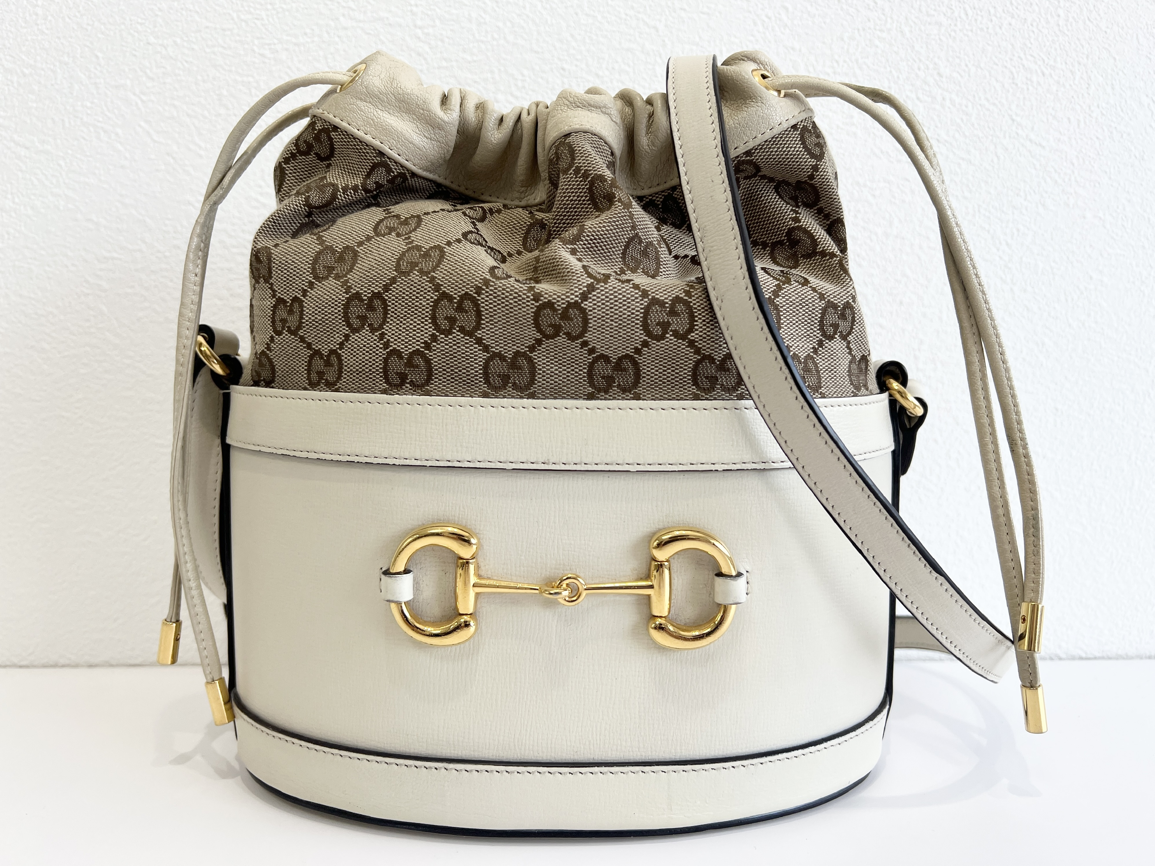 GG Horsebit 1955 Canvas Leather Drawstring Bucket Shoulder Bag