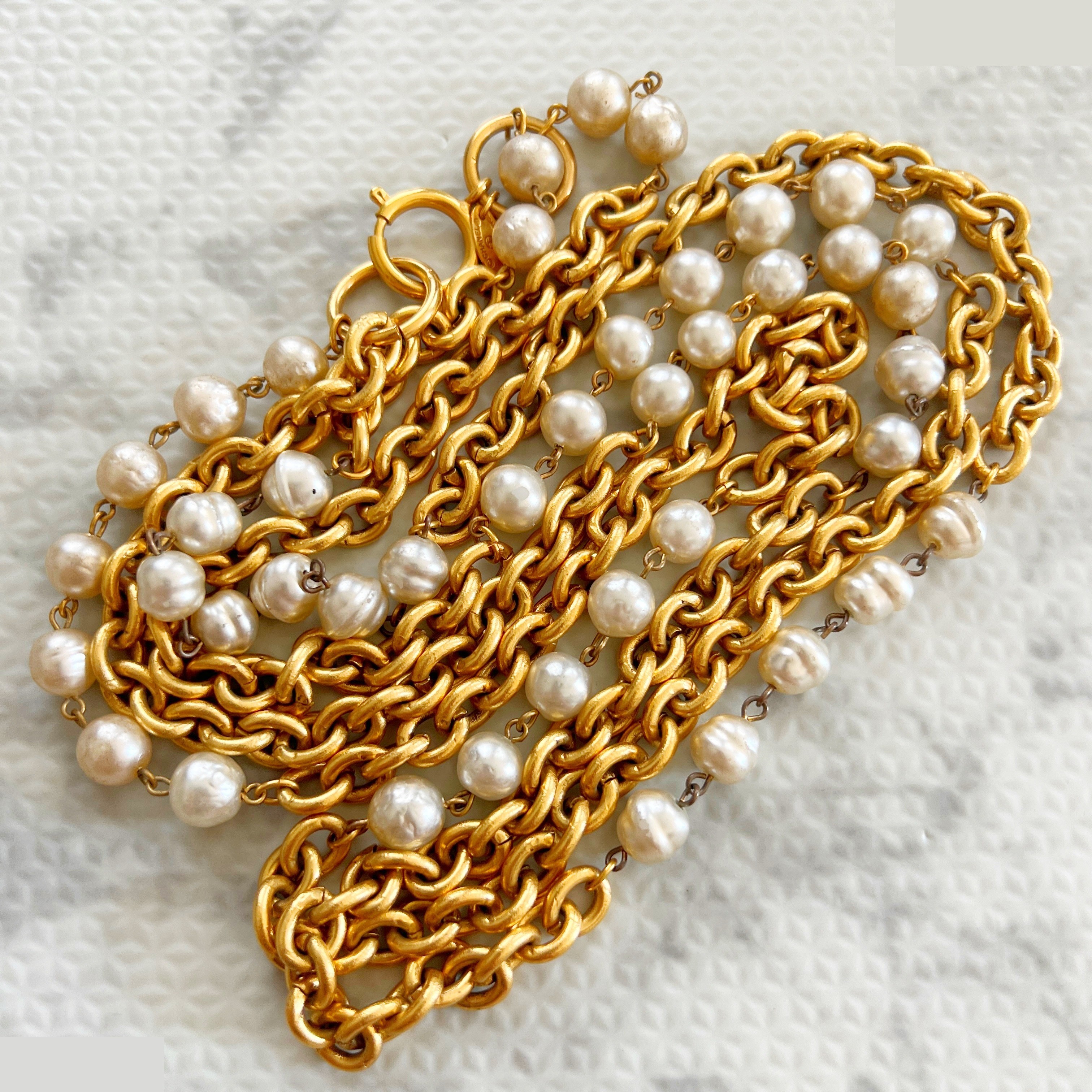 Double chain pearl long necklace, approximately 90cm in length. — view 2