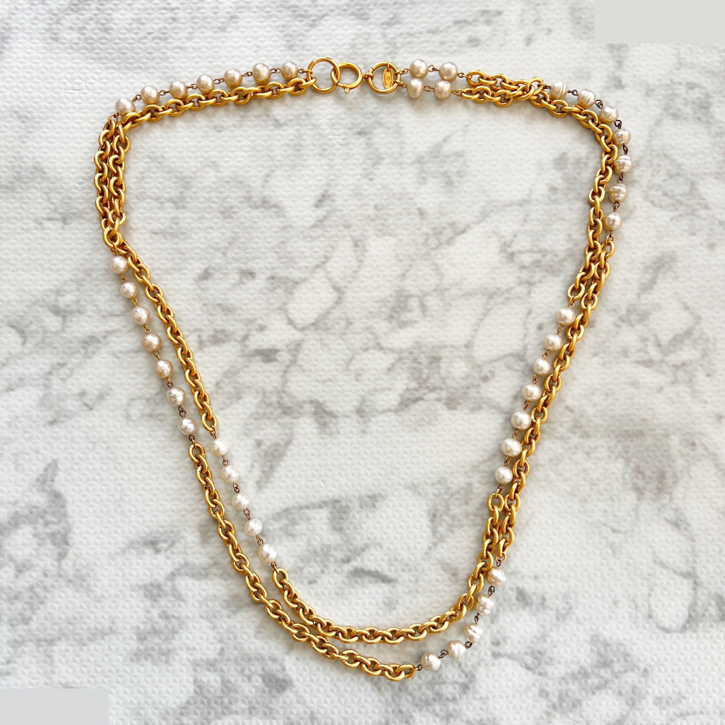 Double chain pearl long necklace, approximately 90cm in length. — view 3