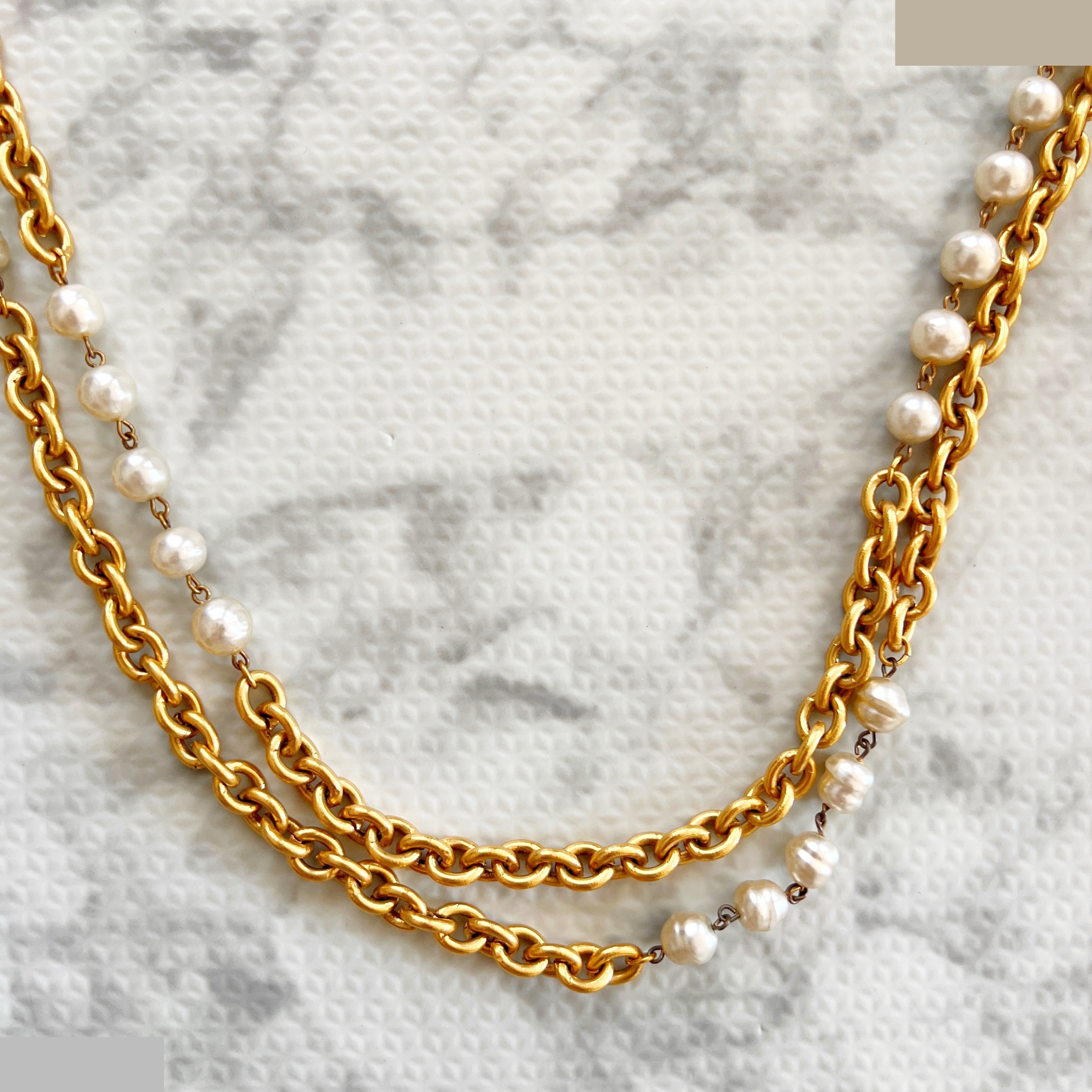 Double chain pearl long necklace, approximately 90cm in length. — view 4
