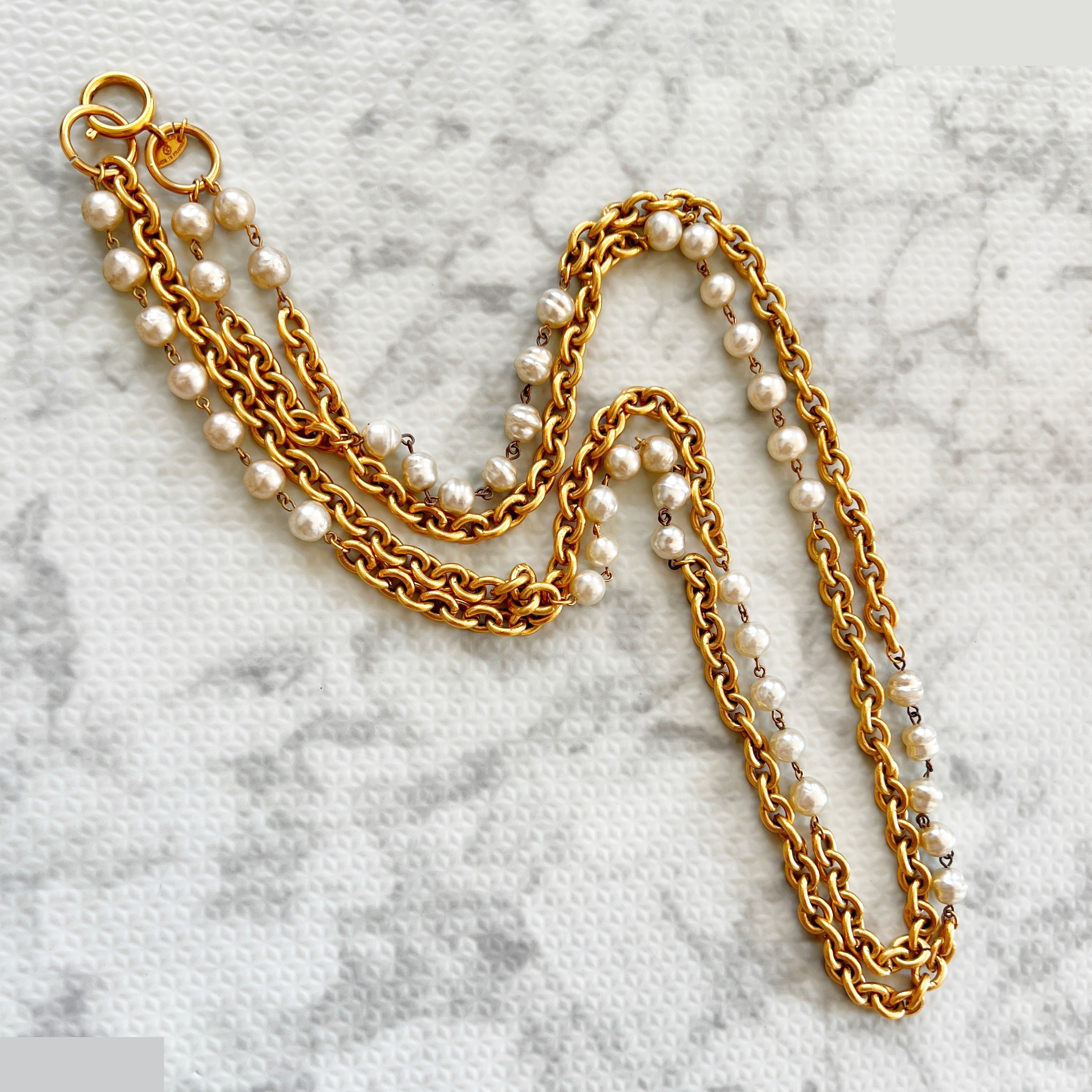 Double chain pearl long necklace, approximately 90cm in length. — view 5