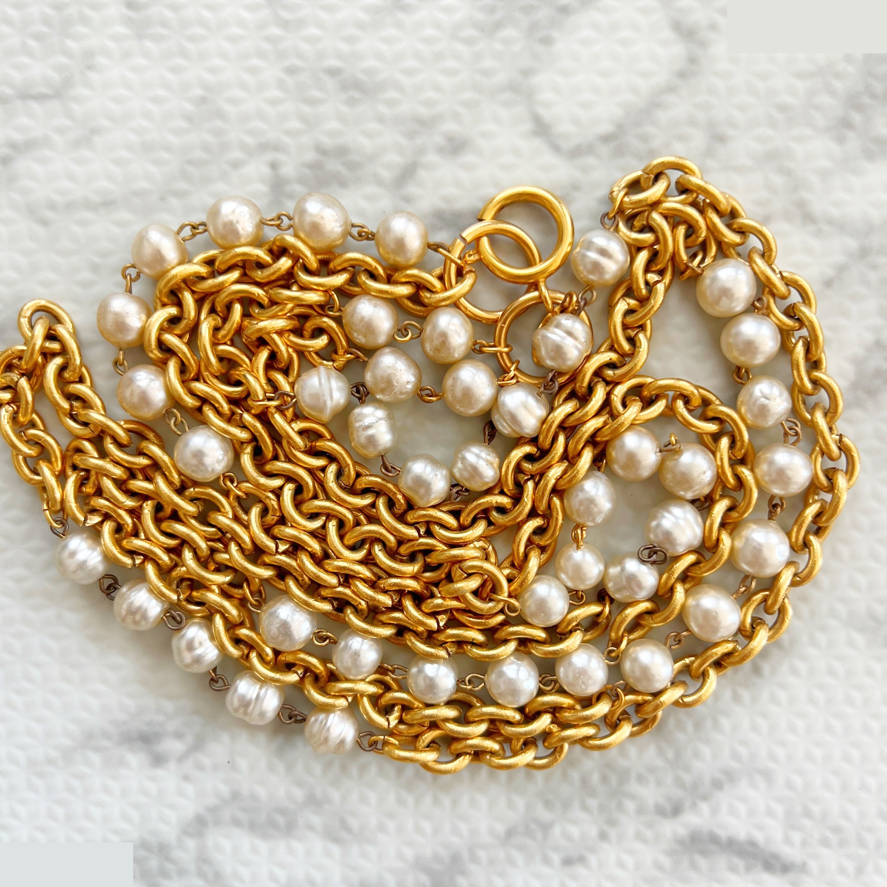 Double chain pearl long necklace, approximately 90cm in length. — view 7