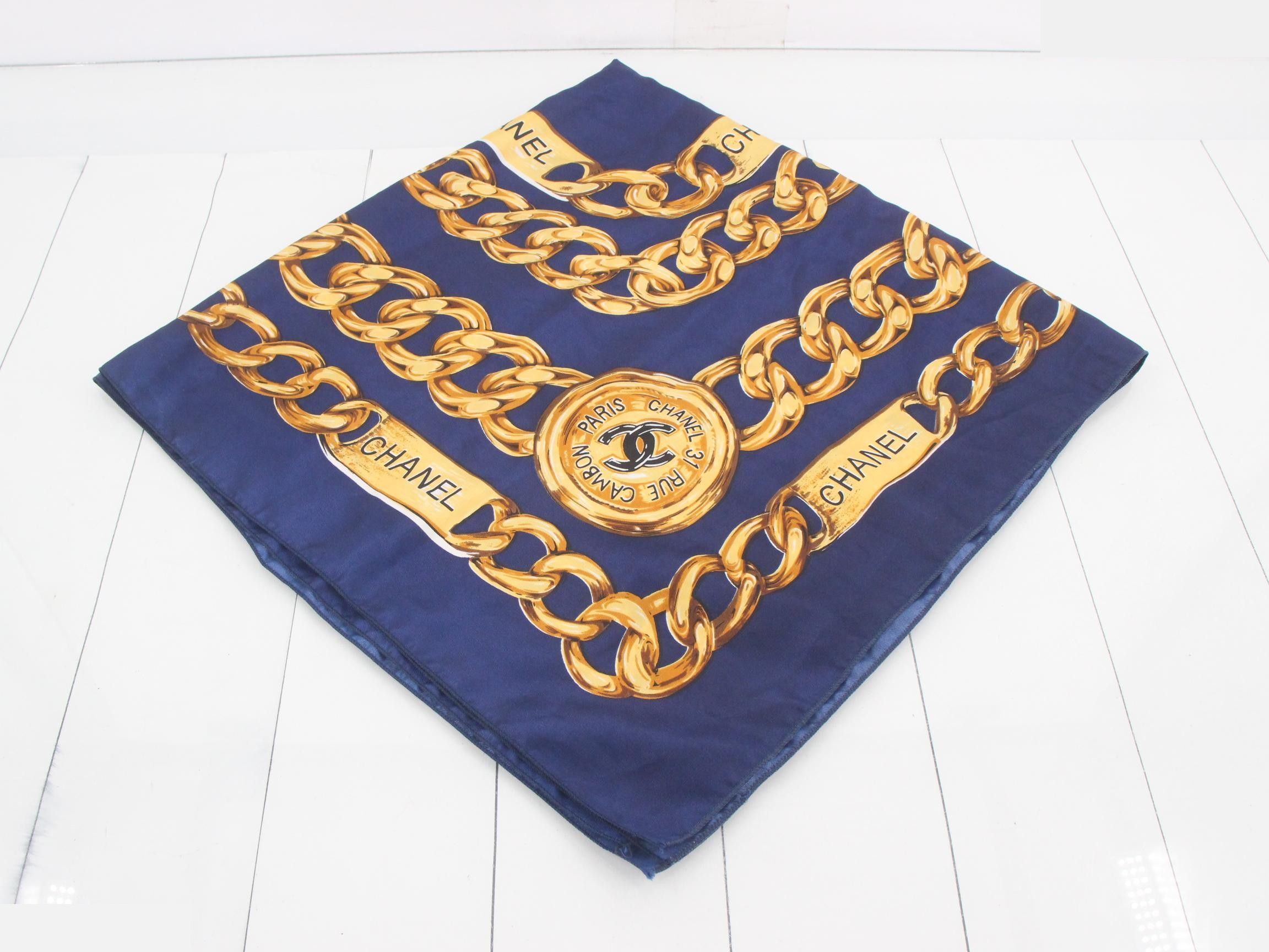 Coco Mark Cuban link chain pattern blue scarf, large size, 90 x 85 cm — view 2