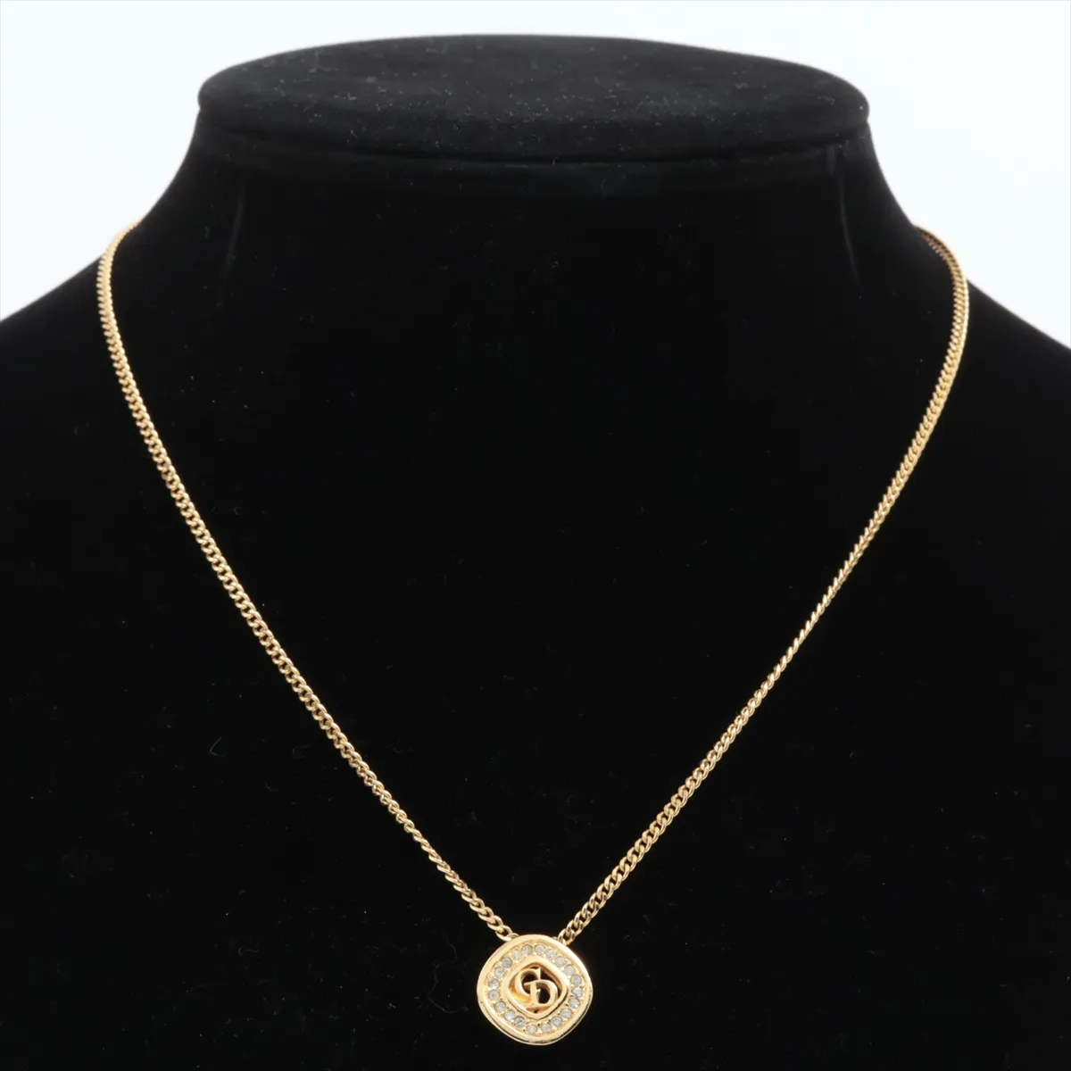 CD logo necklace, gold plated with rhinestones. Shows signs of wear, — view 5