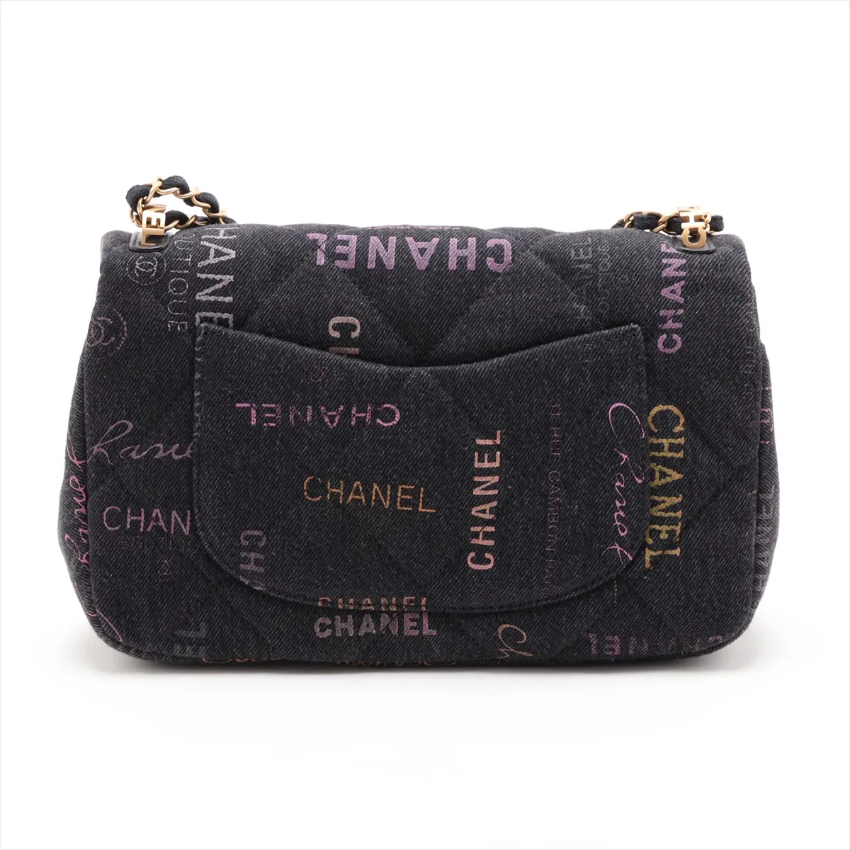 Matelassé Denim Chain Shoulder Bag, Black with Gold Hardware, L2N25K60, Random Plate — view 2