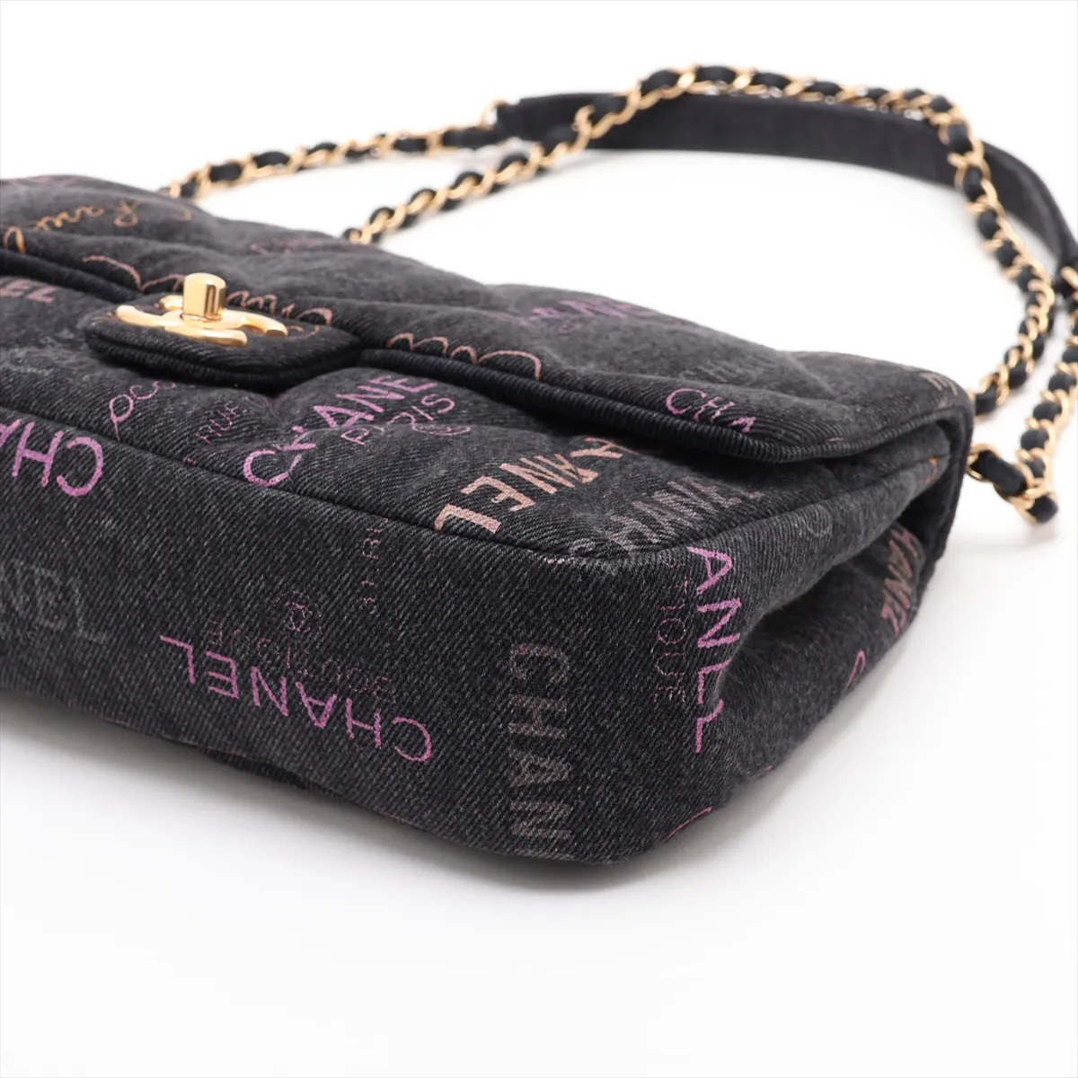 Matelassé Denim Chain Shoulder Bag, Black with Gold Hardware, L2N25K60, Random Plate — view 3