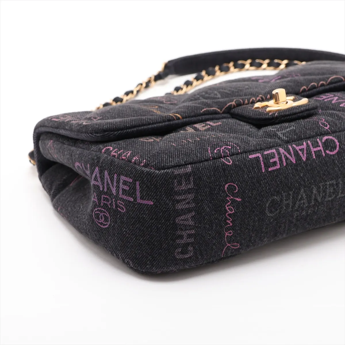 Matelassé Denim Chain Shoulder Bag, Black with Gold Hardware, L2N25K60, Random Plate — view 4