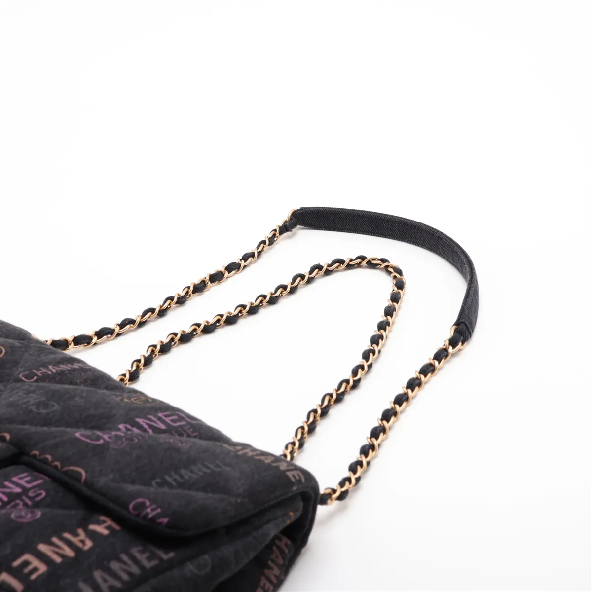 Matelassé Denim Chain Shoulder Bag, Black with Gold Hardware, L2N25K60, Random Plate — view 5