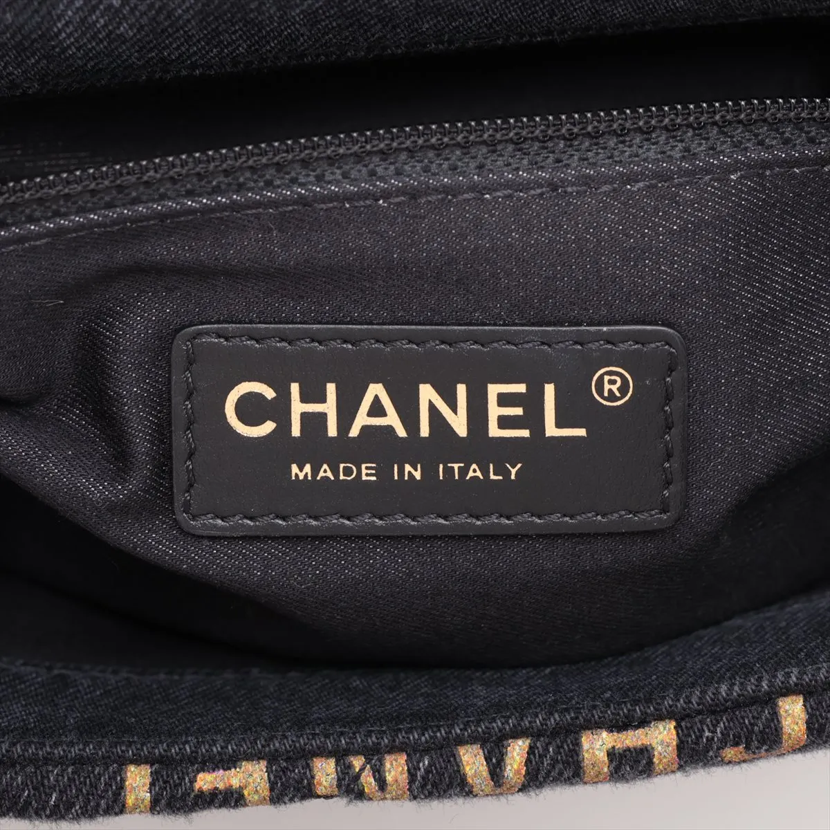 Matelassé Denim Chain Shoulder Bag, Black with Gold Hardware, L2N25K60, Random Plate — view 9