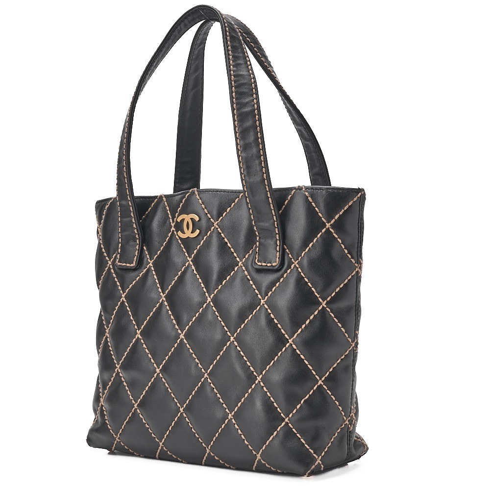 Calfskin Wild Stitch Handbag, Black x Beige — view 2