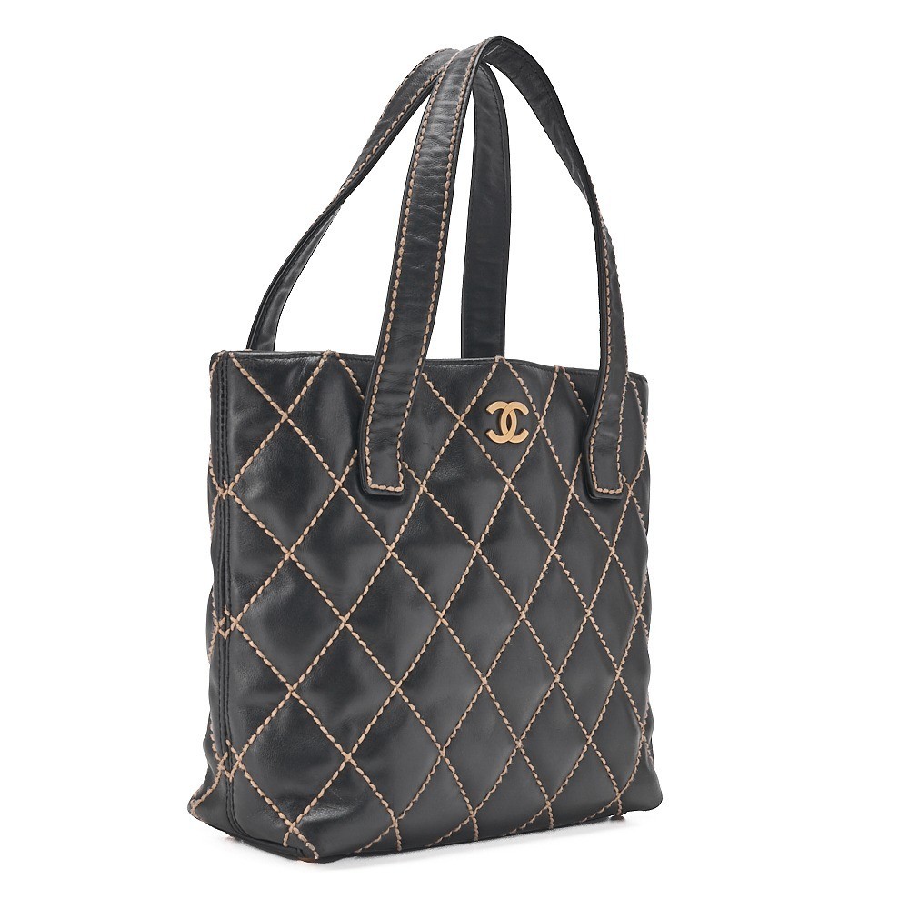 Calfskin Wild Stitch Handbag, Black x Beige — view 3