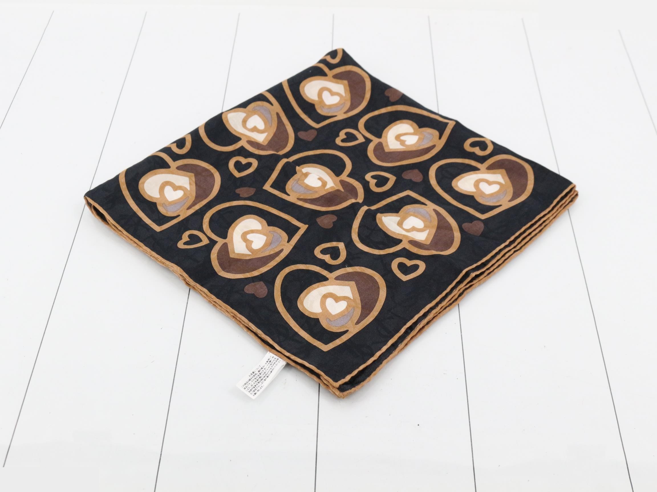 Scarf Heart Pattern Black Beige 100% Silk — view 2