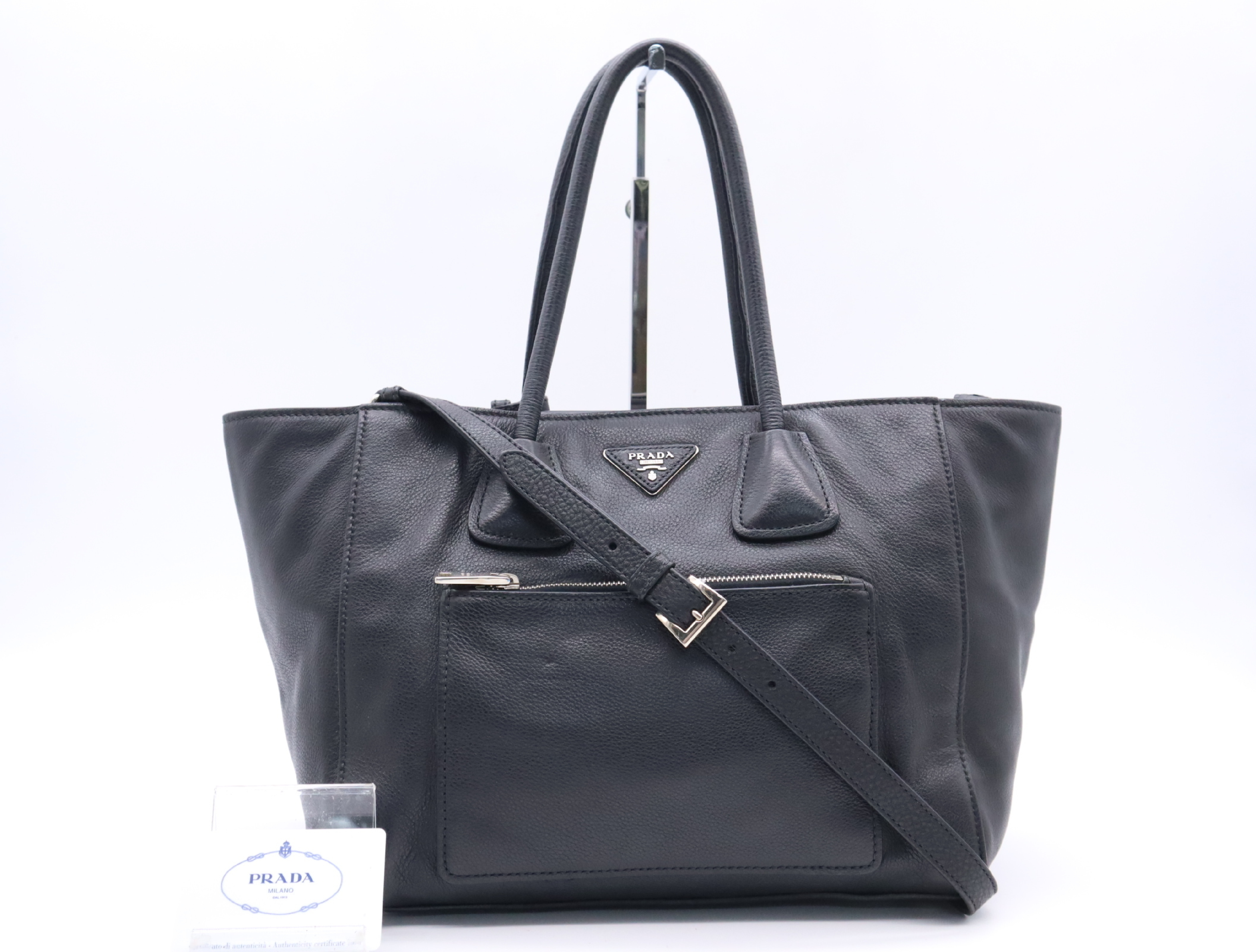 Leather Tote Bag with Black Leather, Silver Hardware, Shoulder Strap, and Card Holder