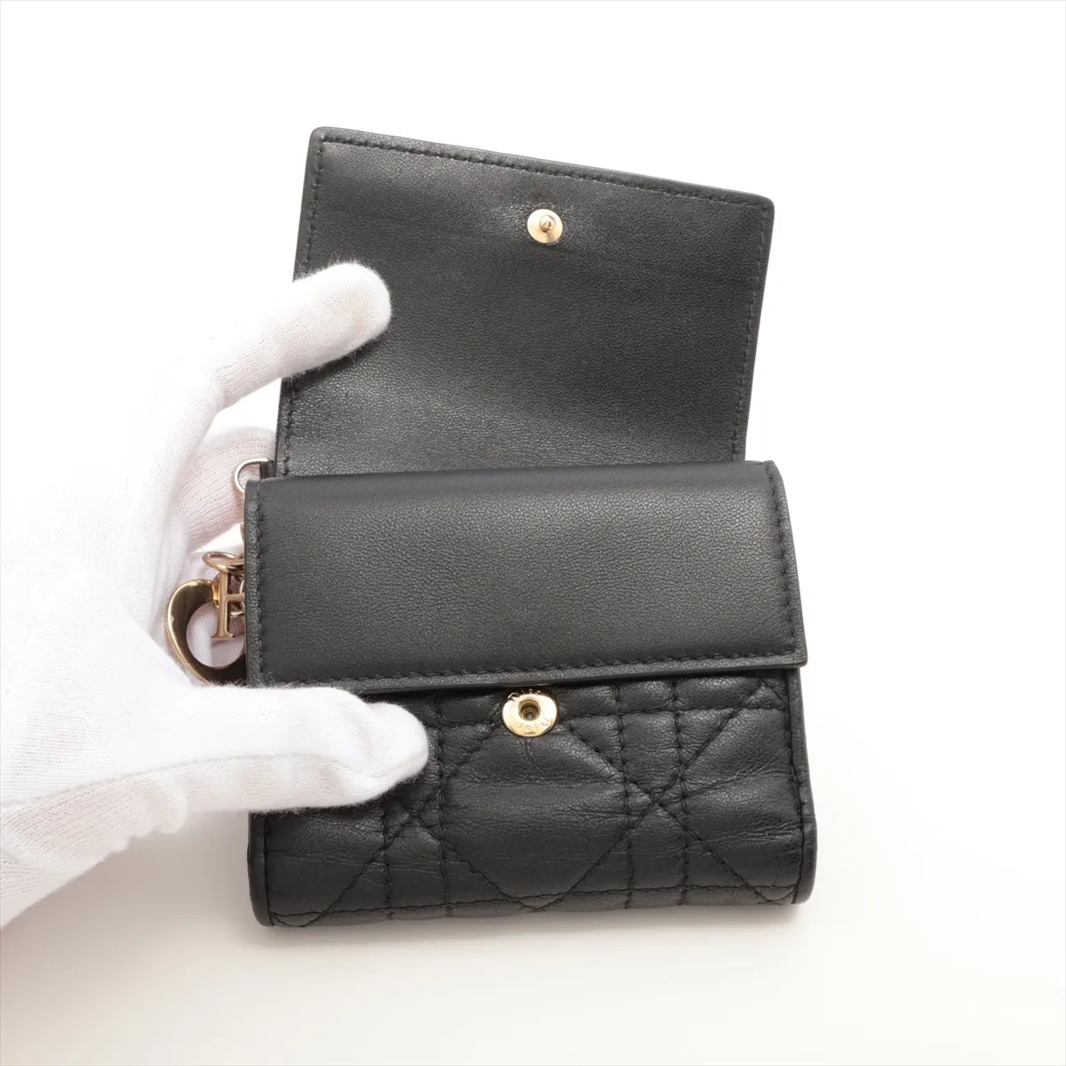 Lady Dior Cannage Leather Compact Wallet, Black — view 3