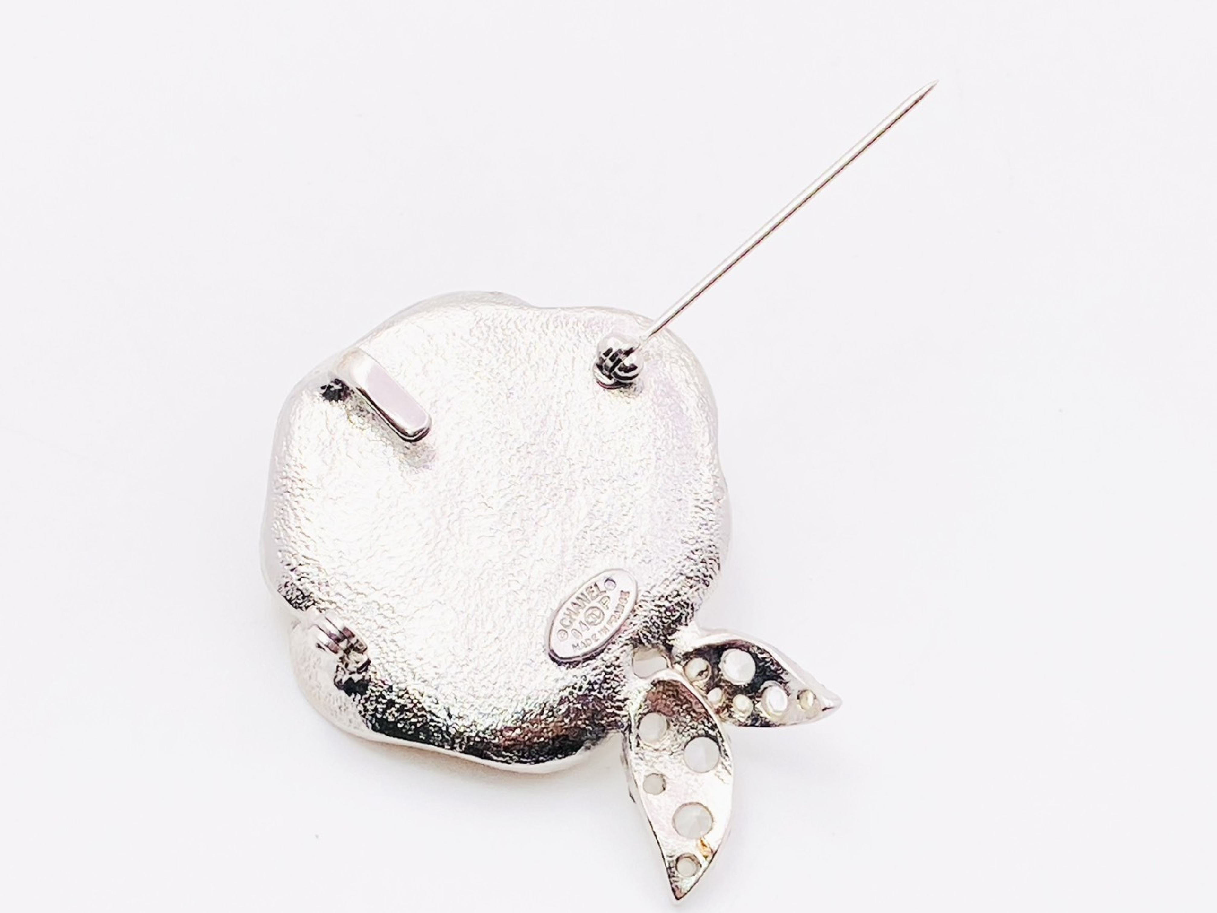 Coco Mark Camellia Rhinestone Brooch 04P 2-Way Pendant Top Enamel Orange x Silver Charm — view 3