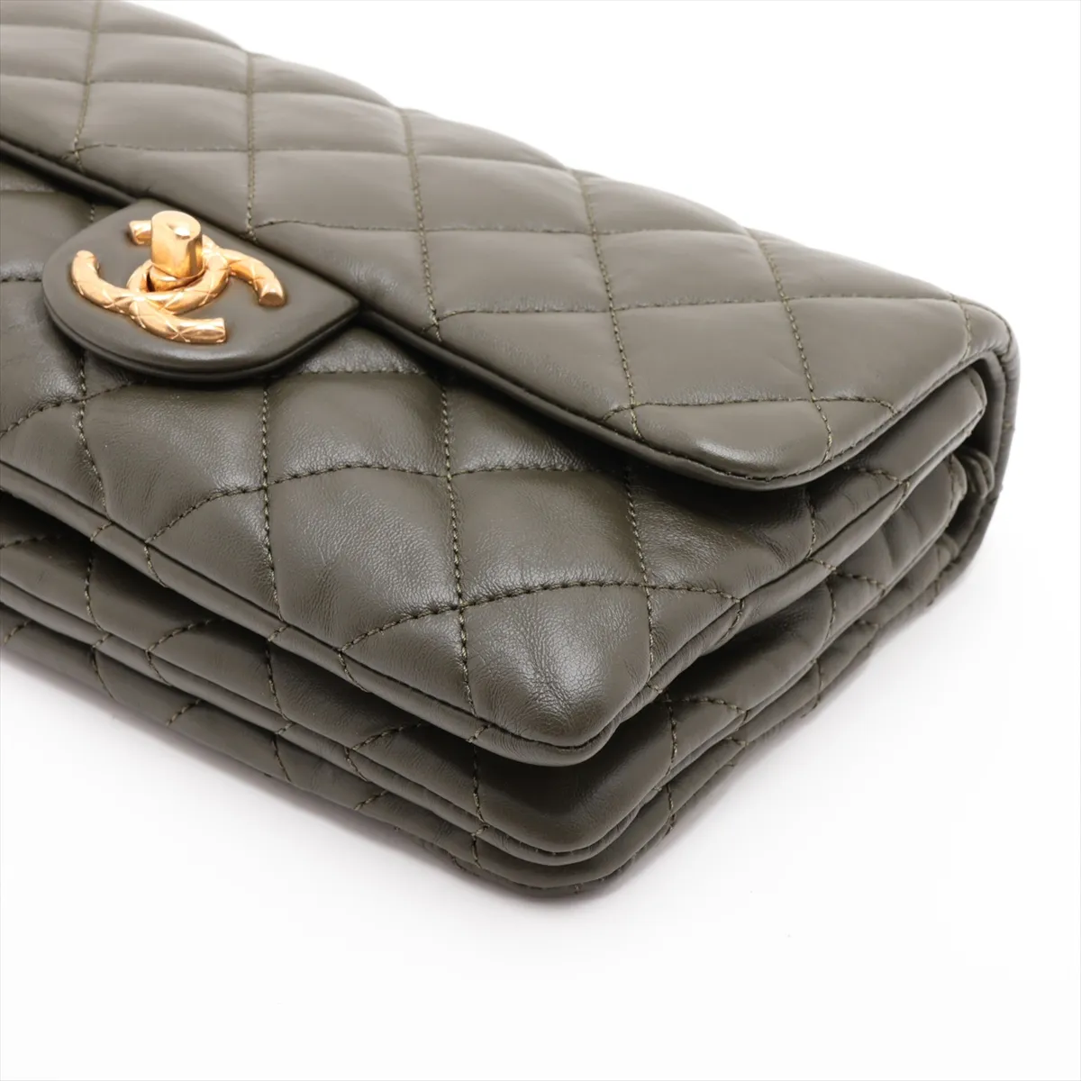 Matelassé Lambskin Chain Shoulder Bag, Khaki, Gold Hardware, PA26HJGJ, Random Plate — view 3