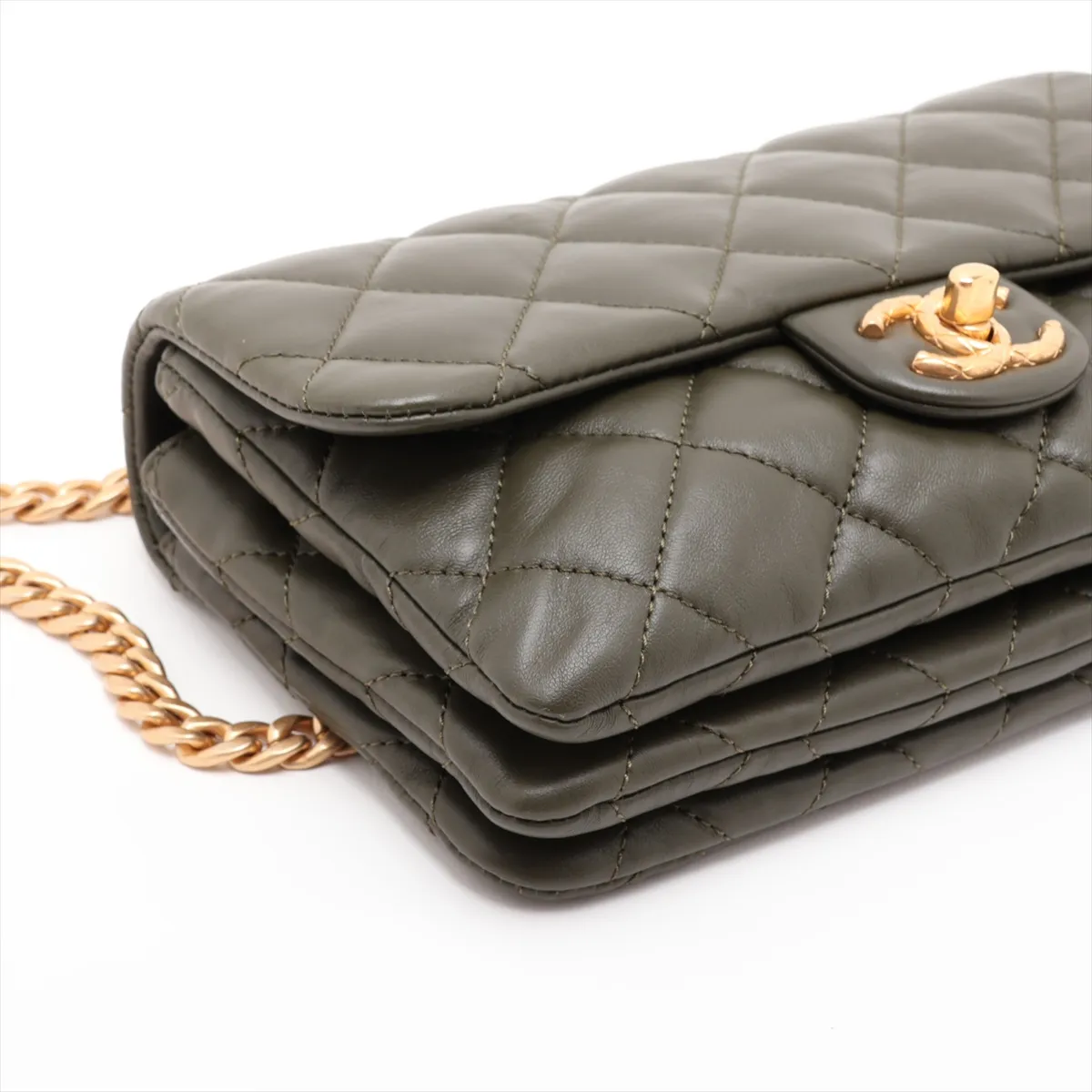 Matelassé Lambskin Chain Shoulder Bag, Khaki, Gold Hardware, PA26HJGJ, Random Plate — view 4